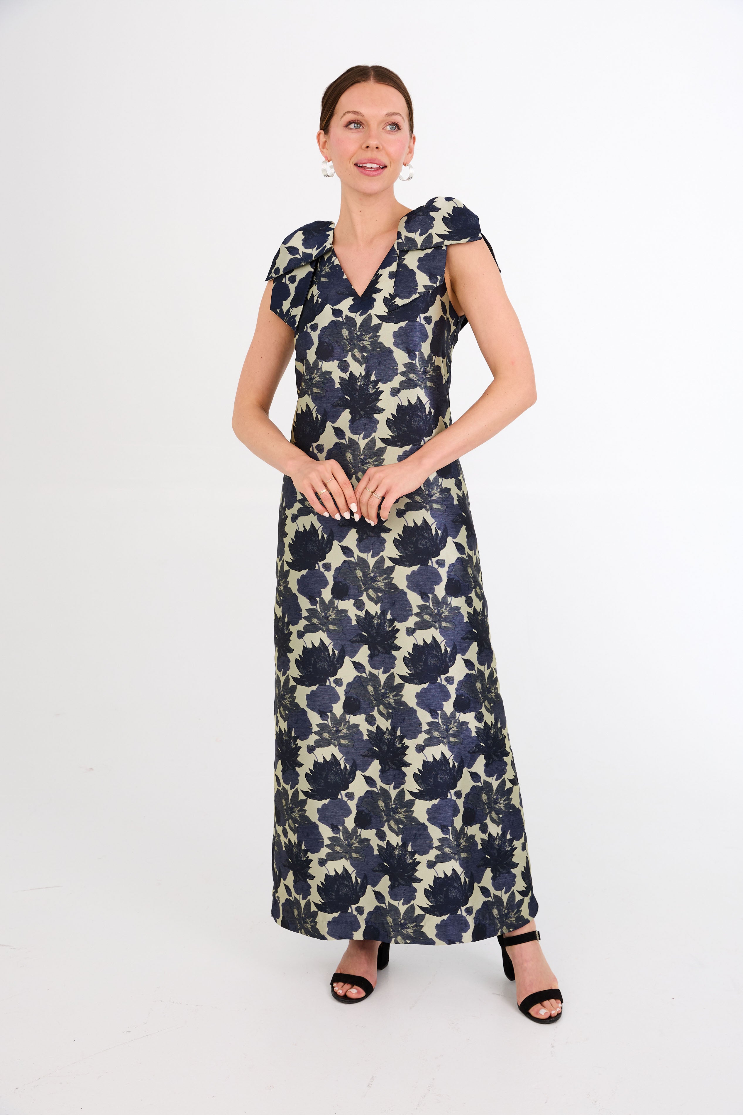 Meredith Gown Ivory and Navy Floral Silhouette Jacquard
