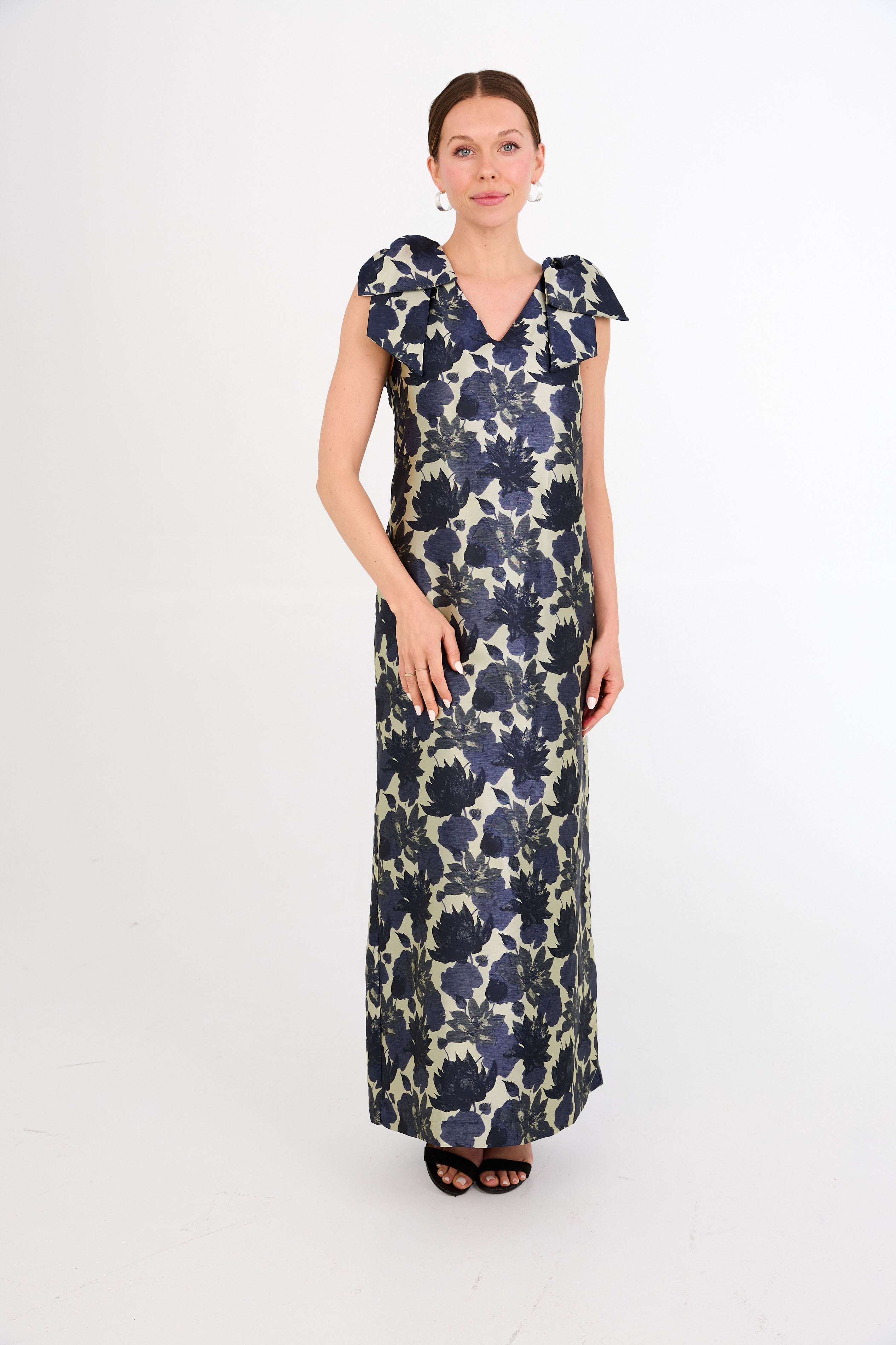 Meredith Gown Ivory and Navy Floral Silhouette Jacquard