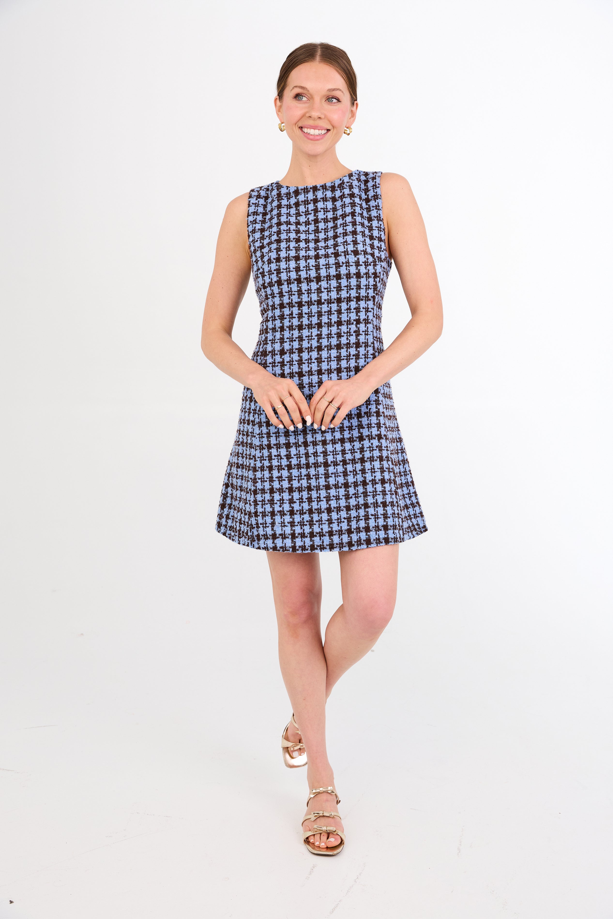 Avery Dress Blue and Brown Houndstooth Tweed