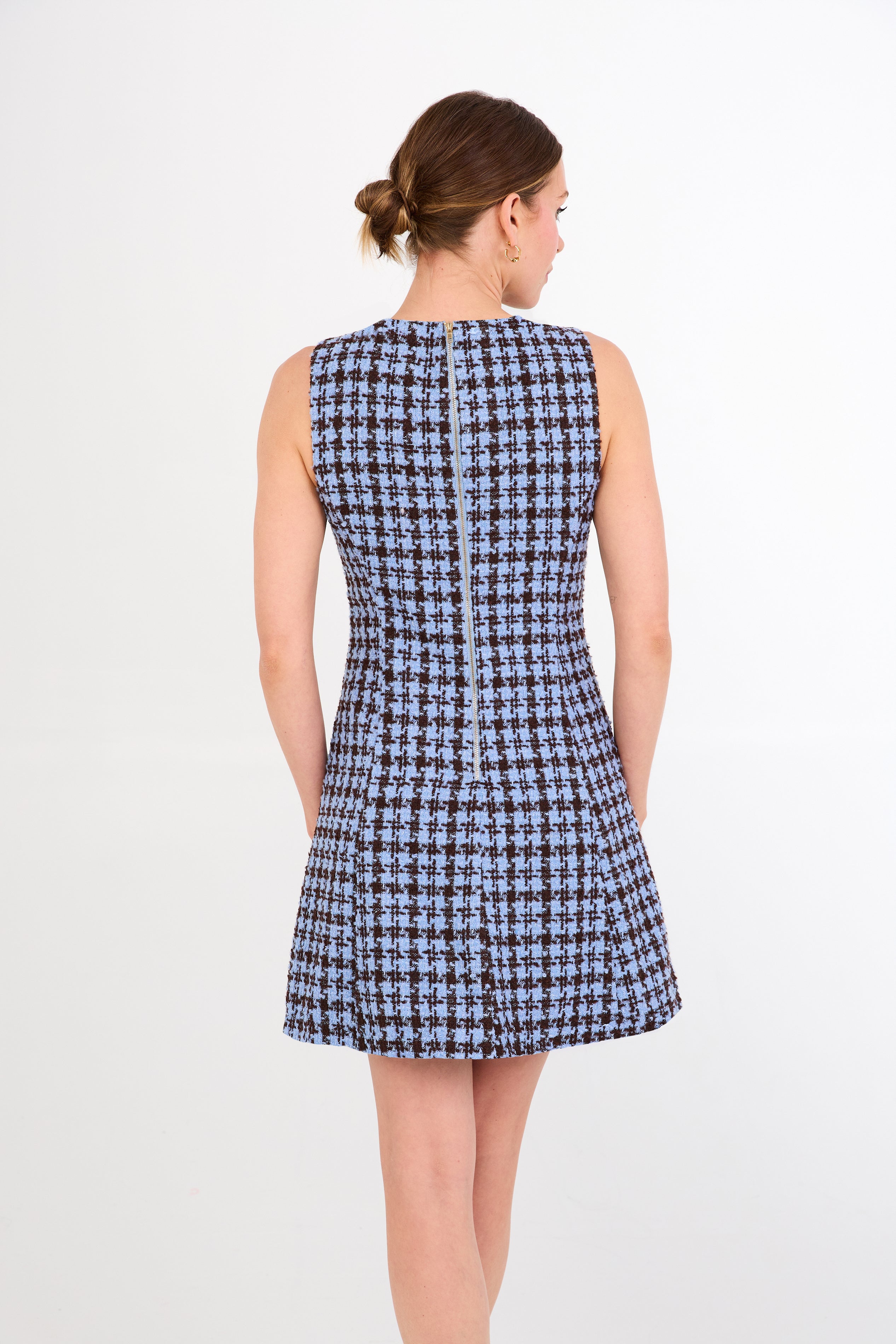 Avery Dress Blue and Brown Houndstooth Tweed