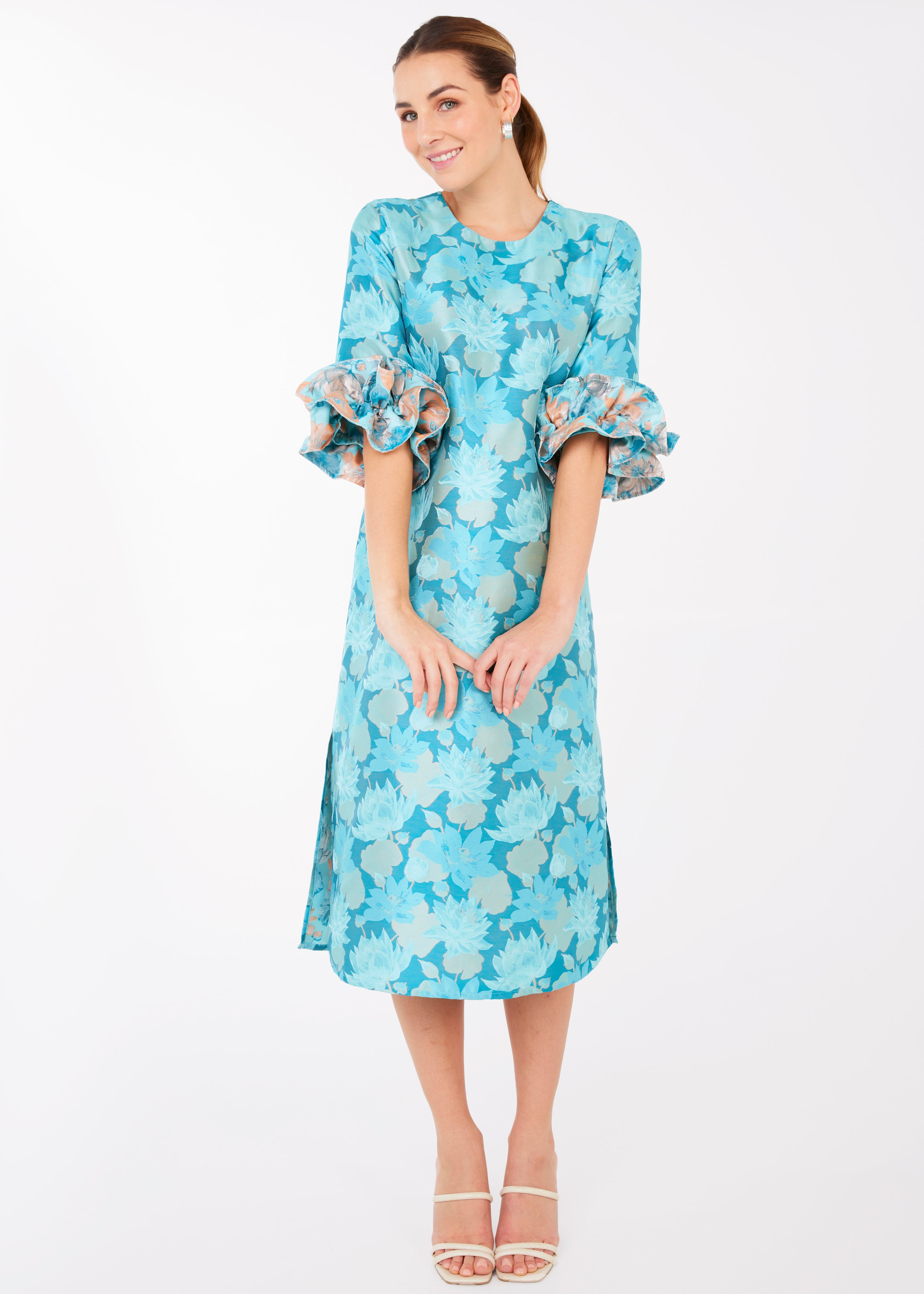 Bronwyn Dress Aqua Floral Silhouette Jacquard