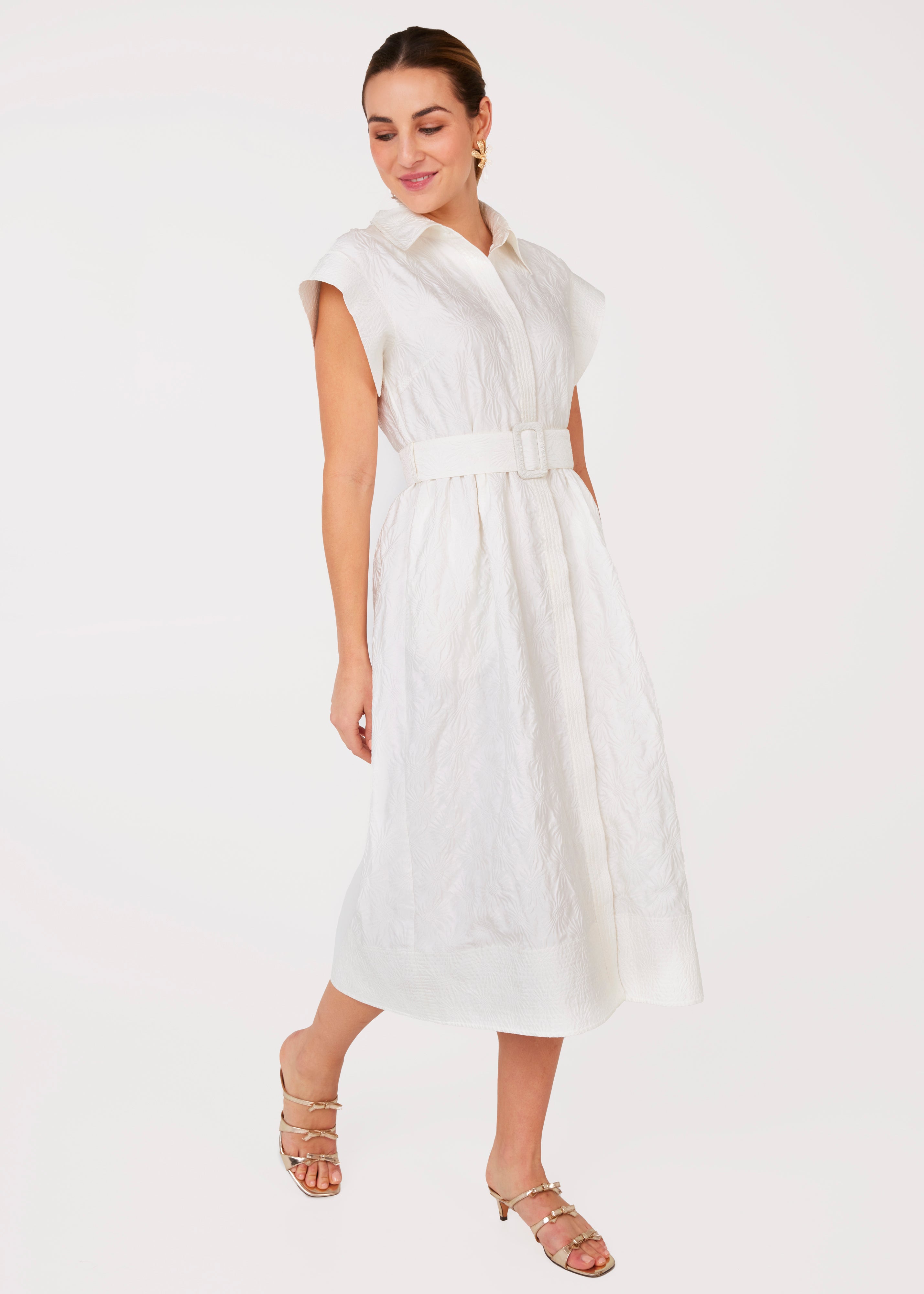 Harper Dress White Embossed Sunflower Jacquard