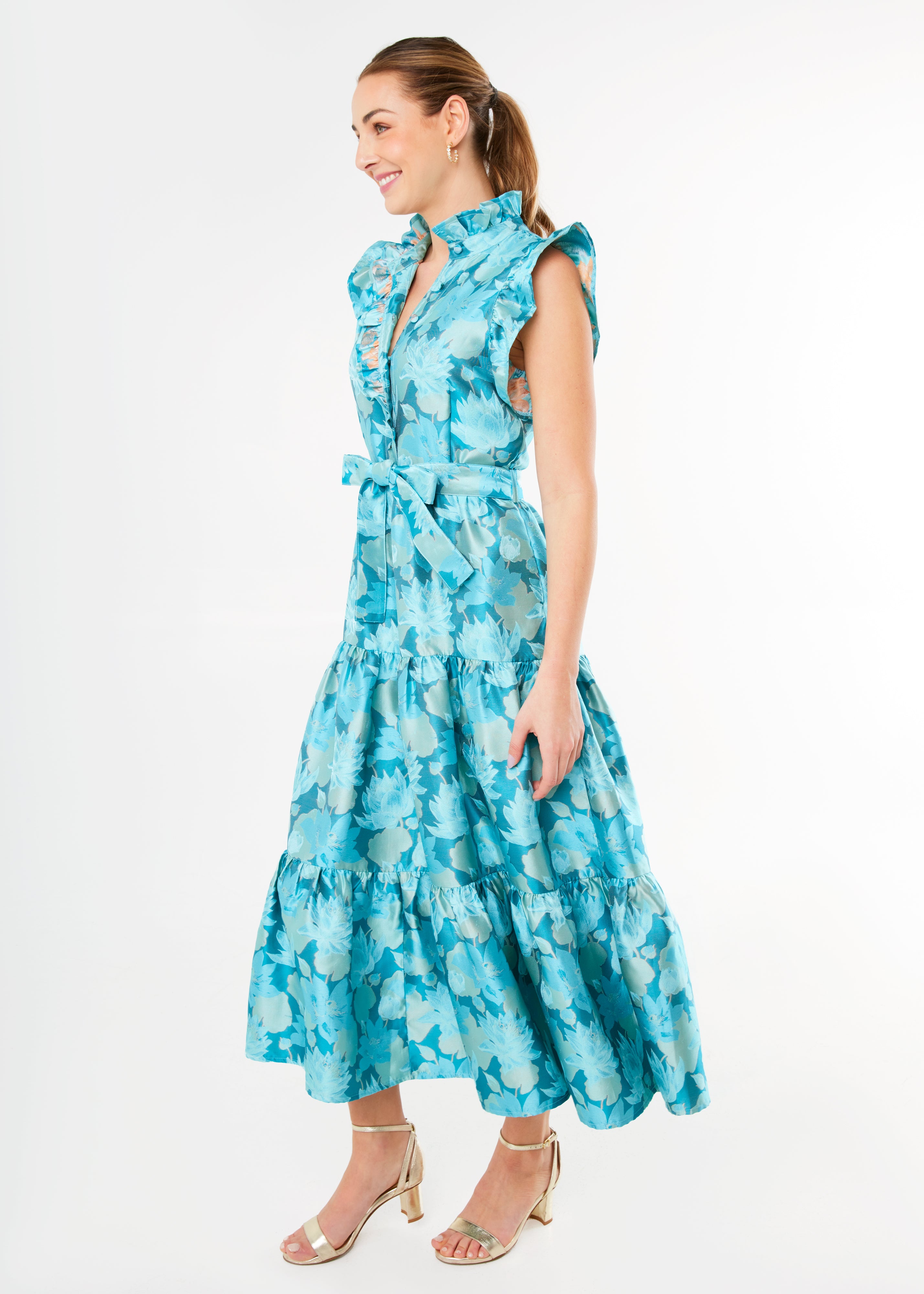 Sleeveless Sadie Maxi Dress Aqua Floral Silhouette Jacquard