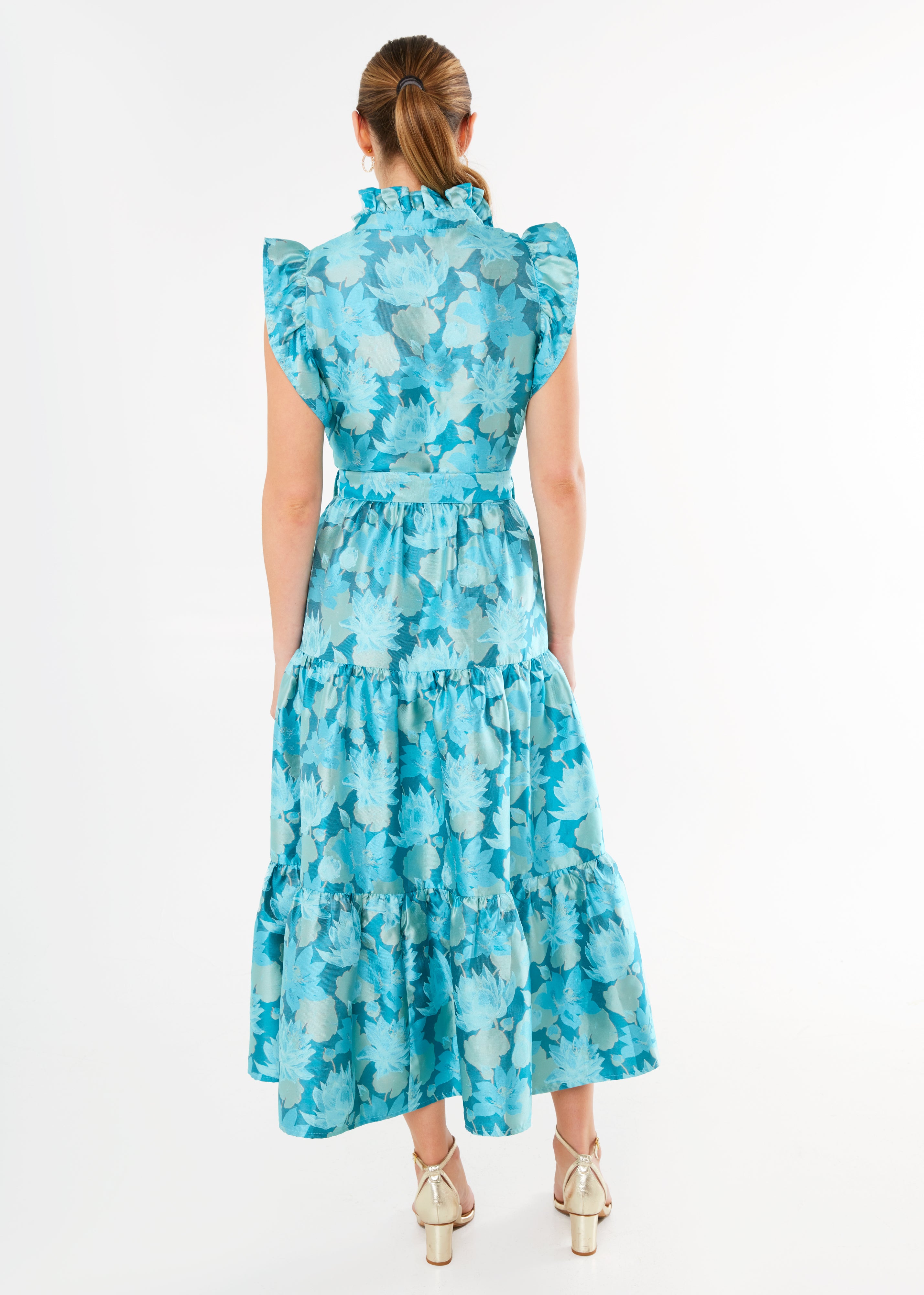 Sleeveless Sadie Maxi Dress Aqua Floral Silhouette Jacquard