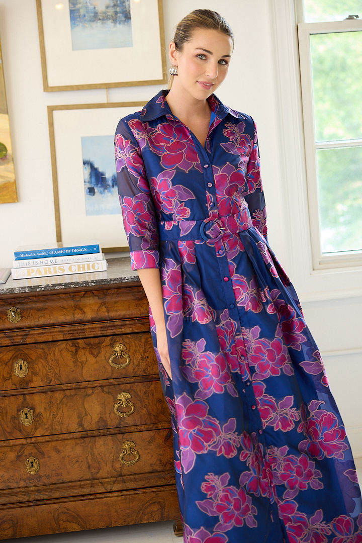 Cecilia Gown Fuchsia Navy Peony Organza