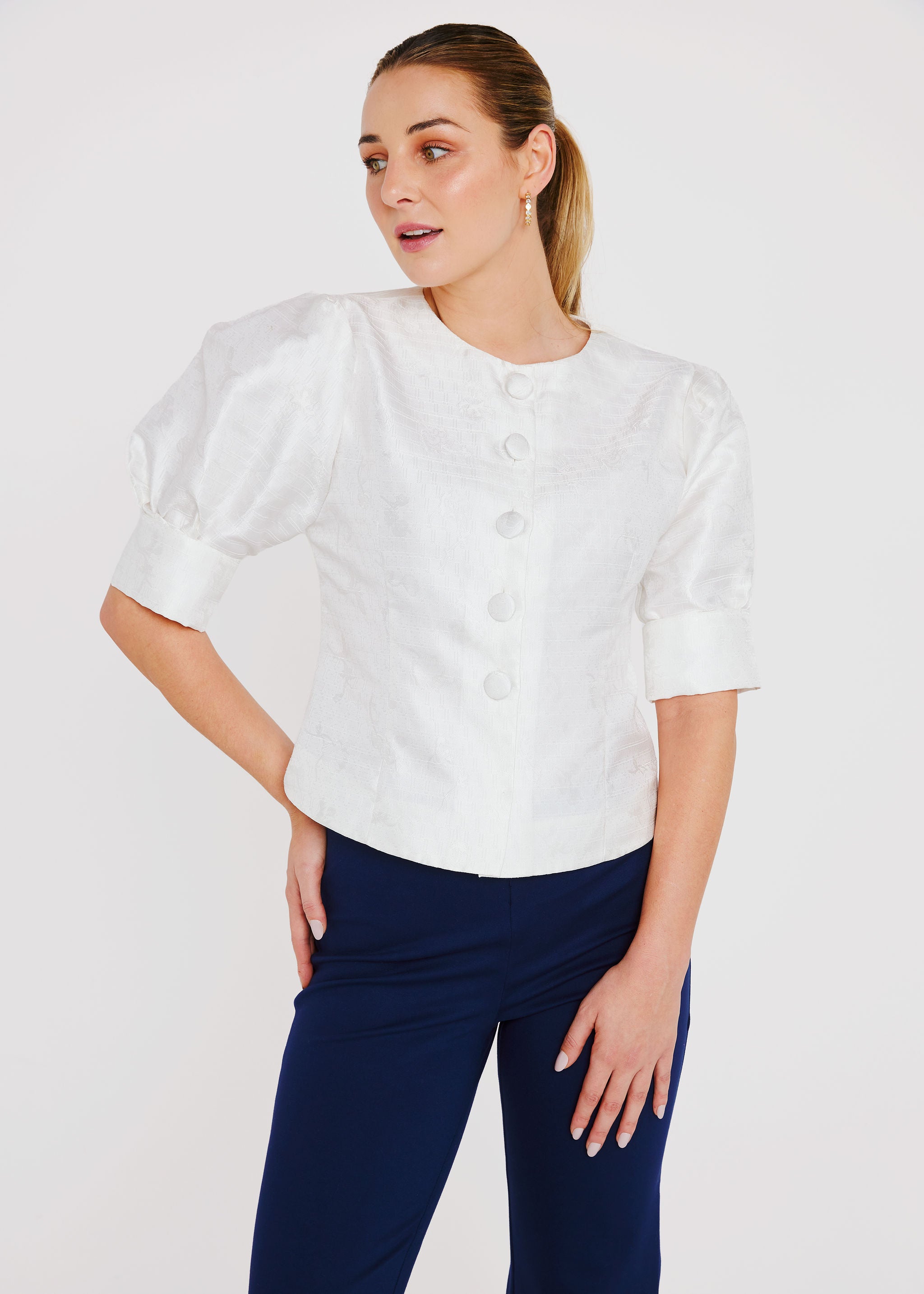 Cleo Top White Textured Dupioni