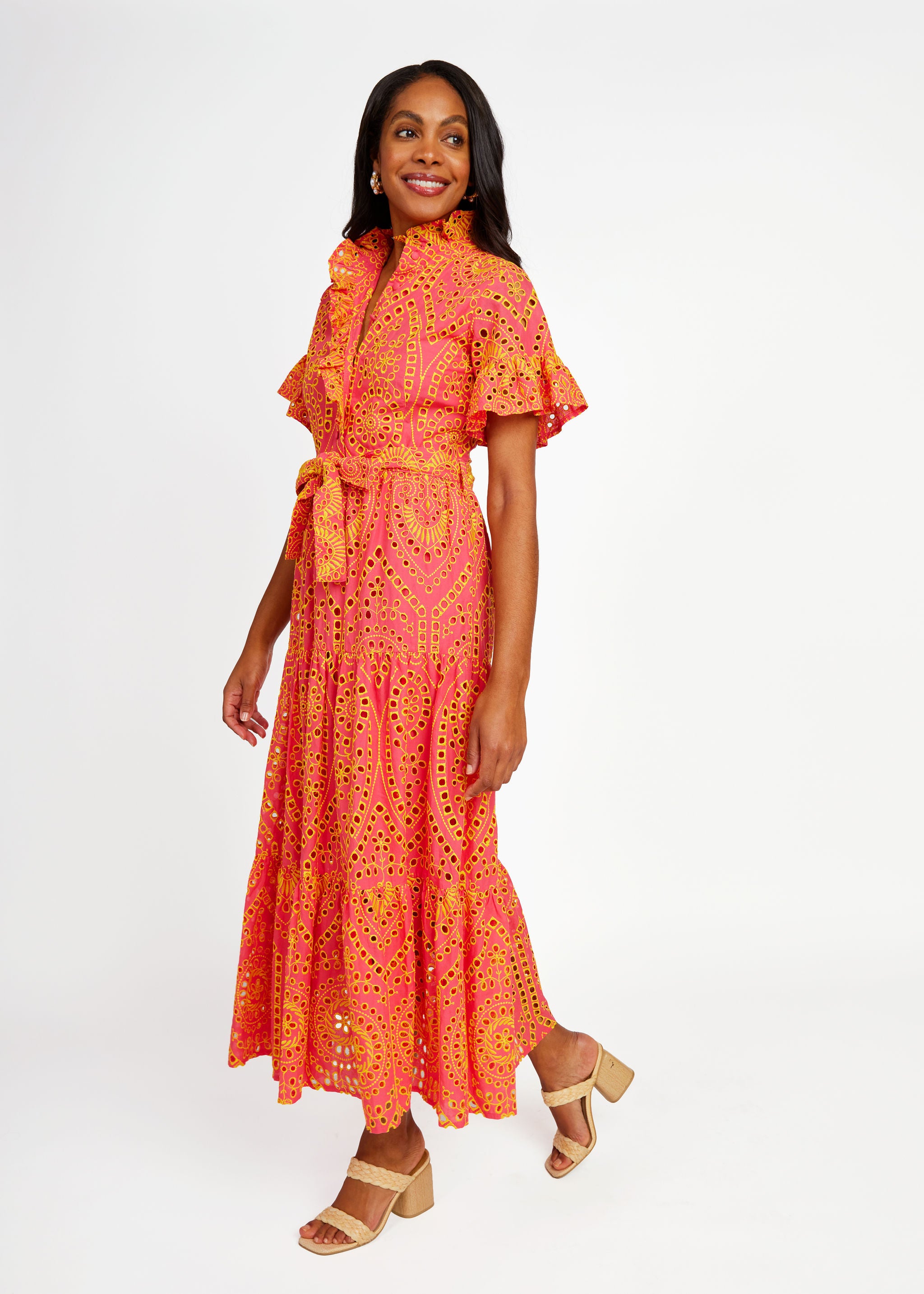 Sadie Maxi Dress Coral and Yellow Eyelet