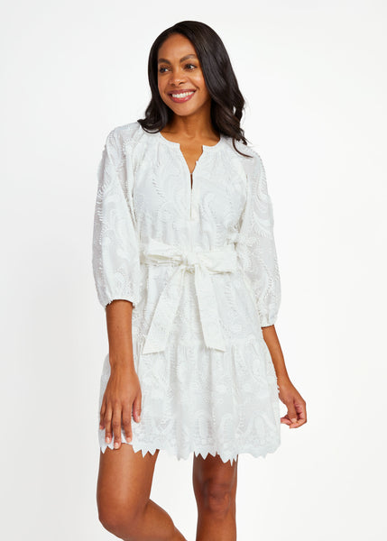 ジュエルズ　サテンミニドレス ホワイト プリーツ Elise Mini Dress White 3D Paisley Cotton