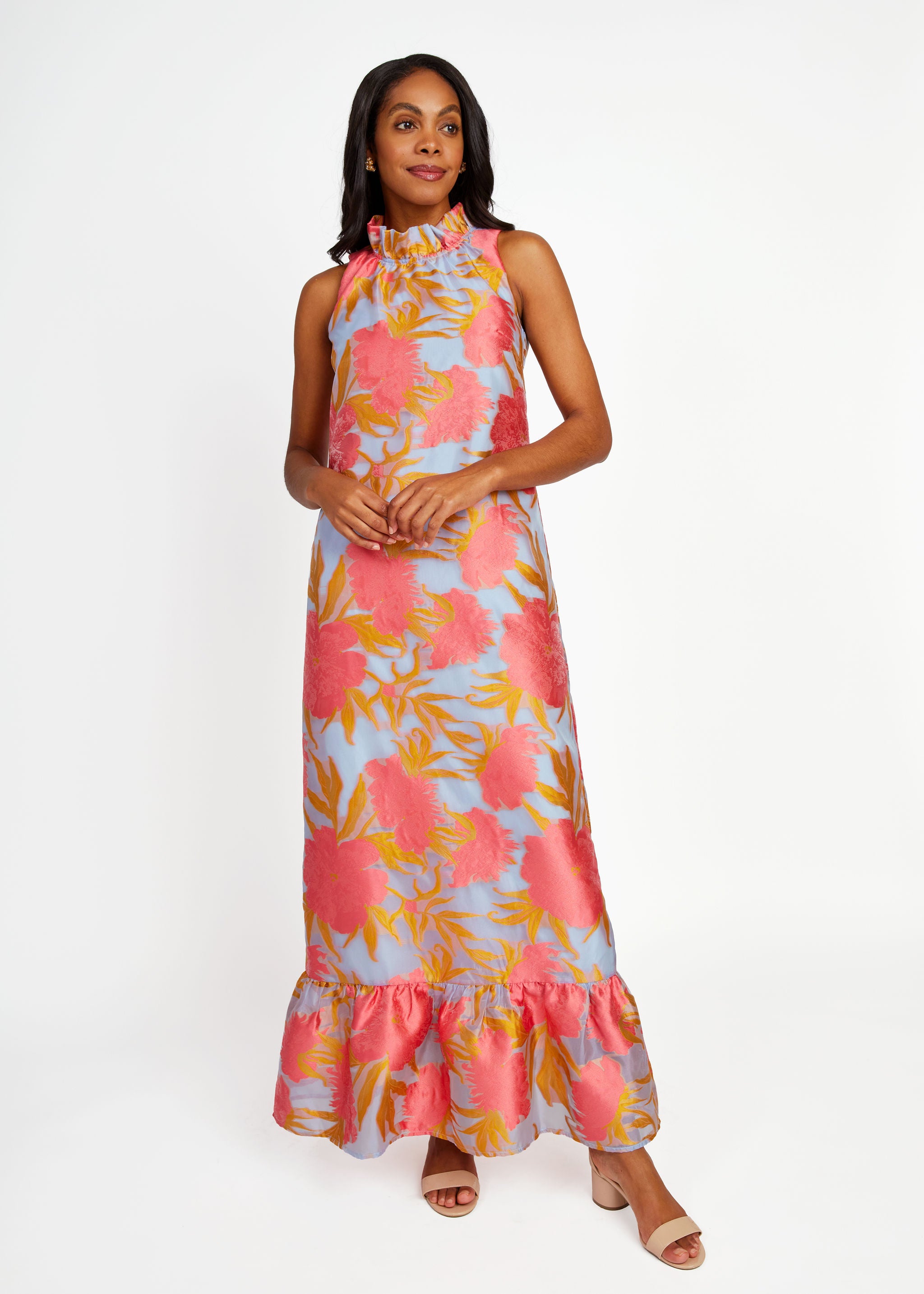 Camille Gown Hot Coral Pansy Vine Organza