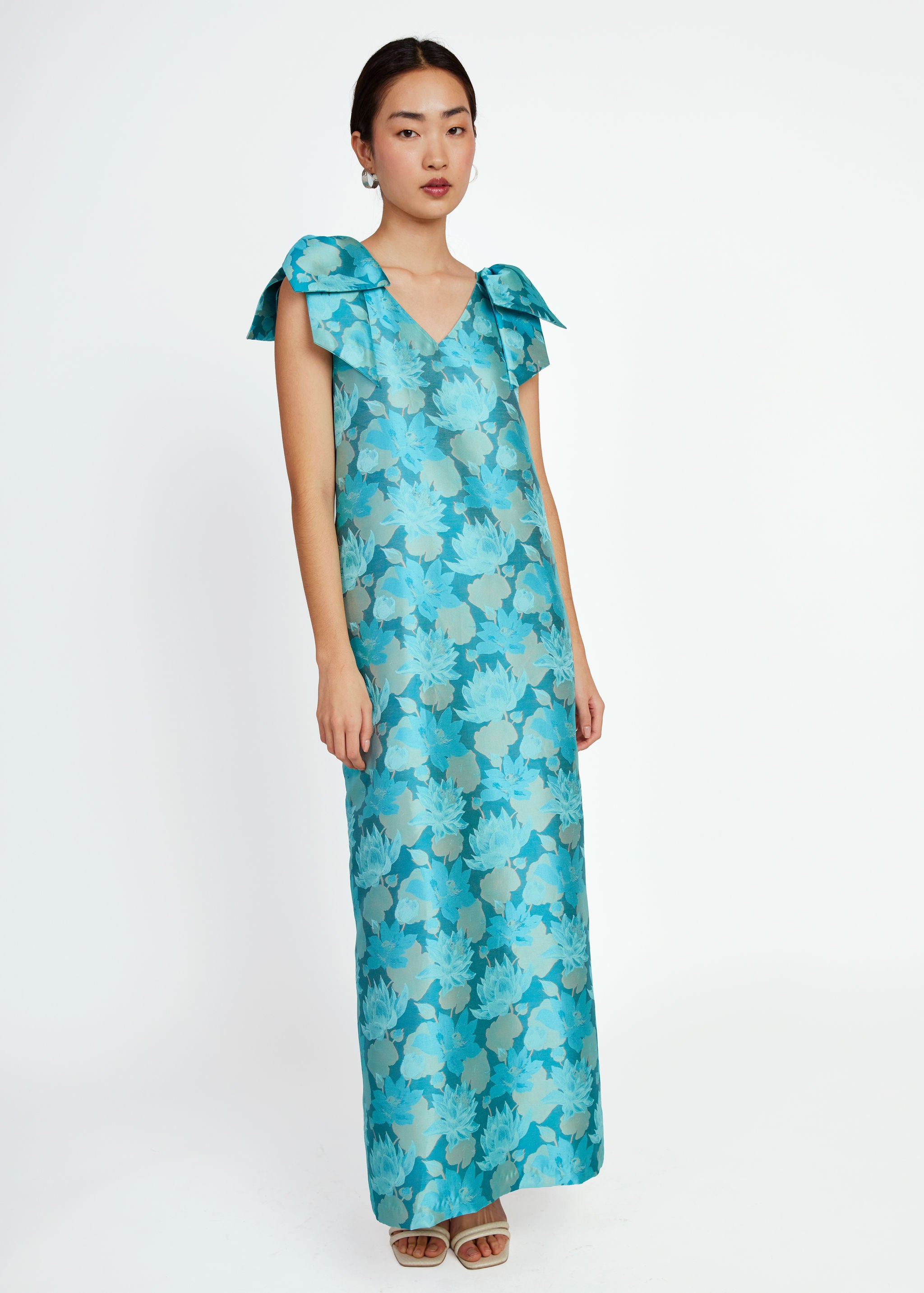 Meredith Gown Aqua Floral Silhouette Jacquard