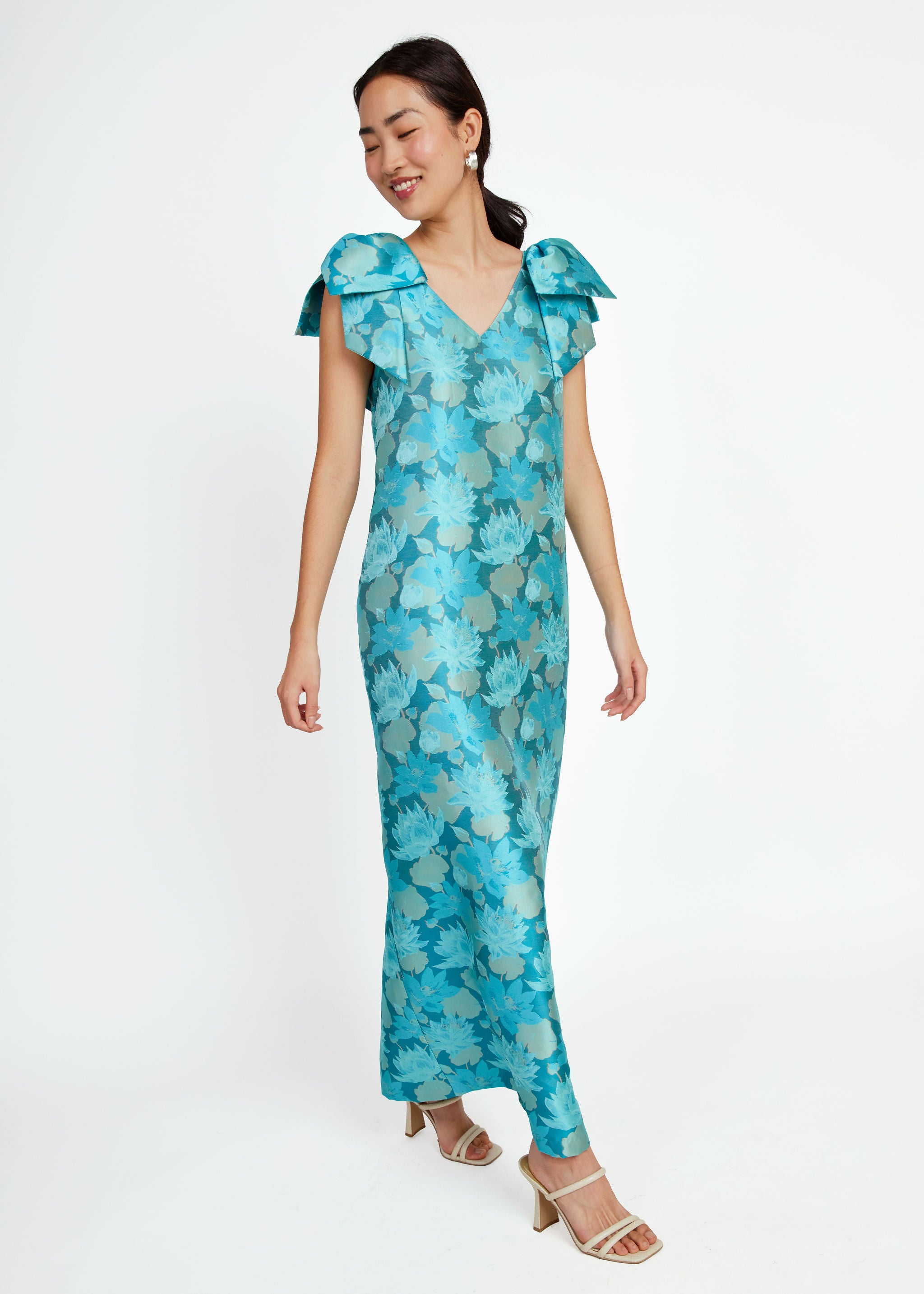Meredith Gown Aqua Floral Silhouette Jacquard