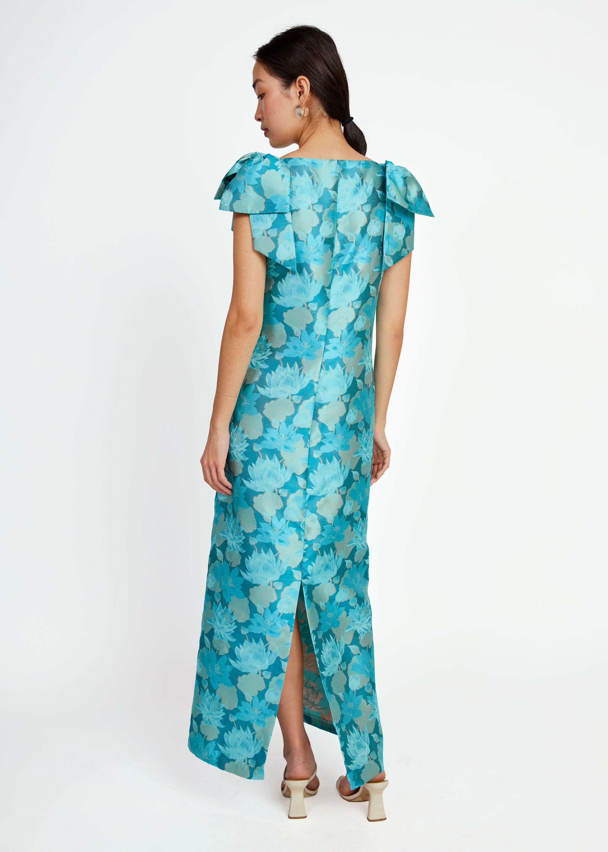 Meredith Gown Aqua Floral Silhouette Jacquard