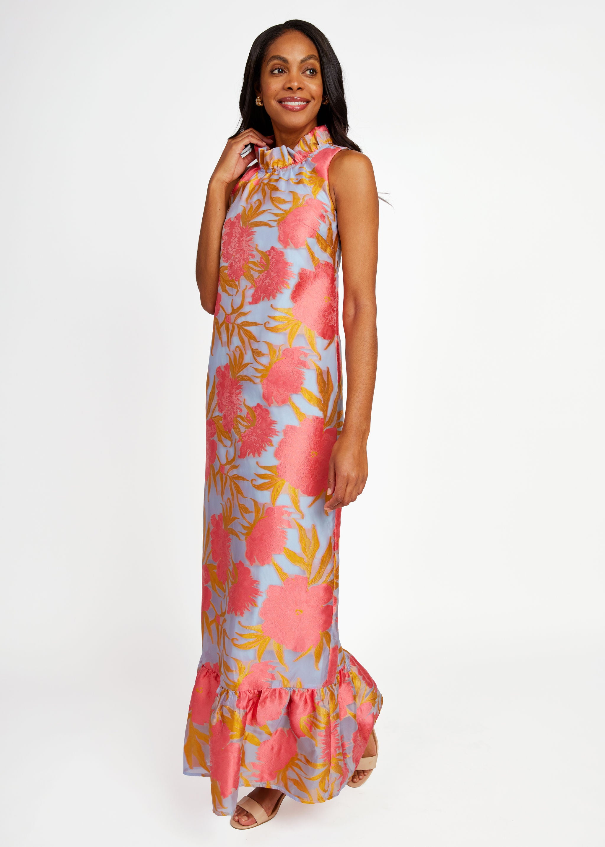 Camille Gown Hot Coral Pansy Vine Organza