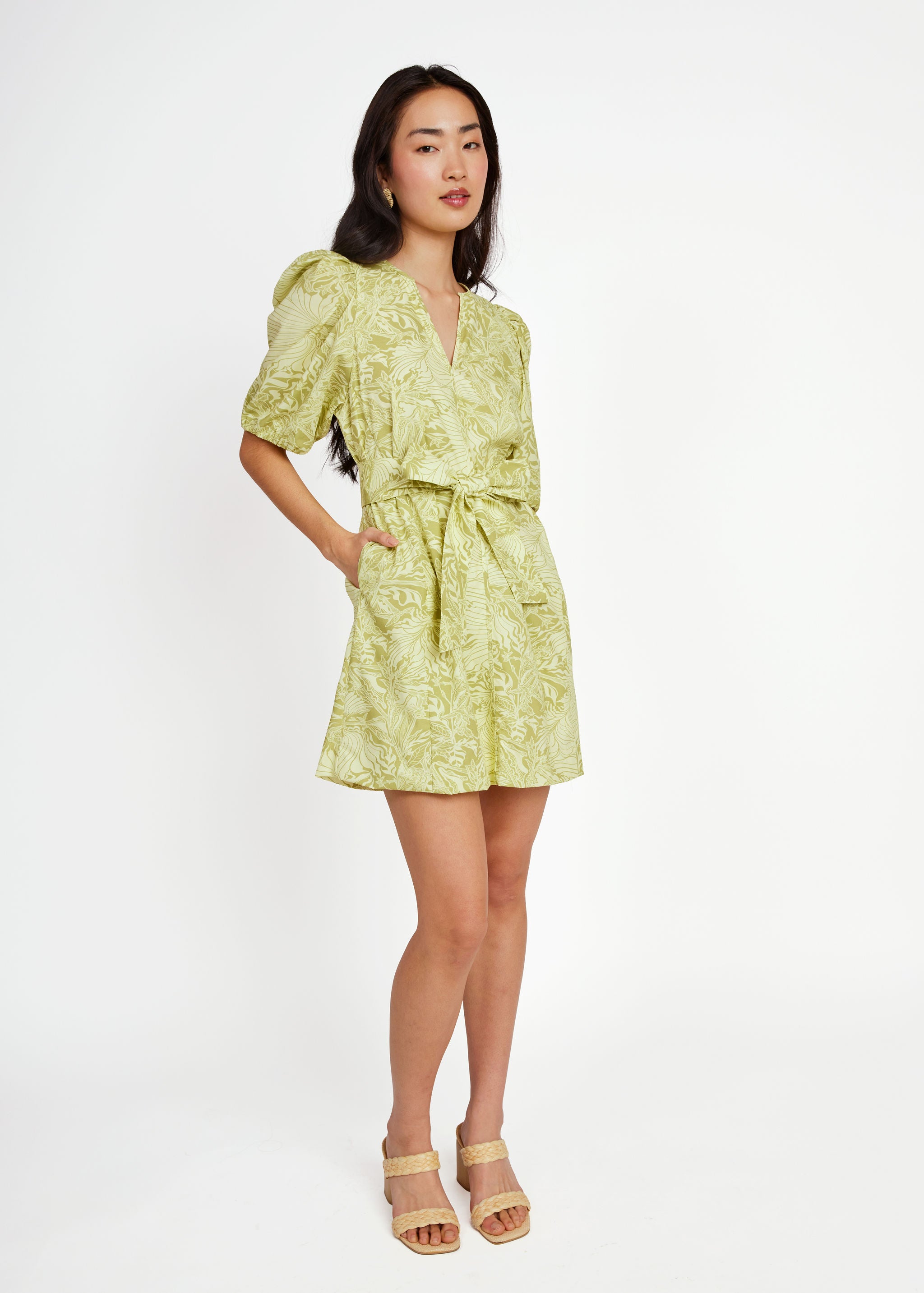Florence Mini Dress Chartreuse Palm Royale Poplin