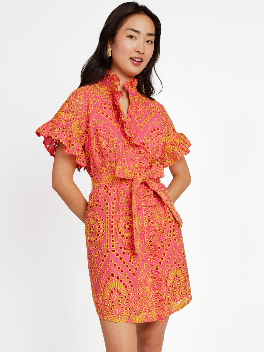 Katie Dress Coral and Yellow Eyelet
