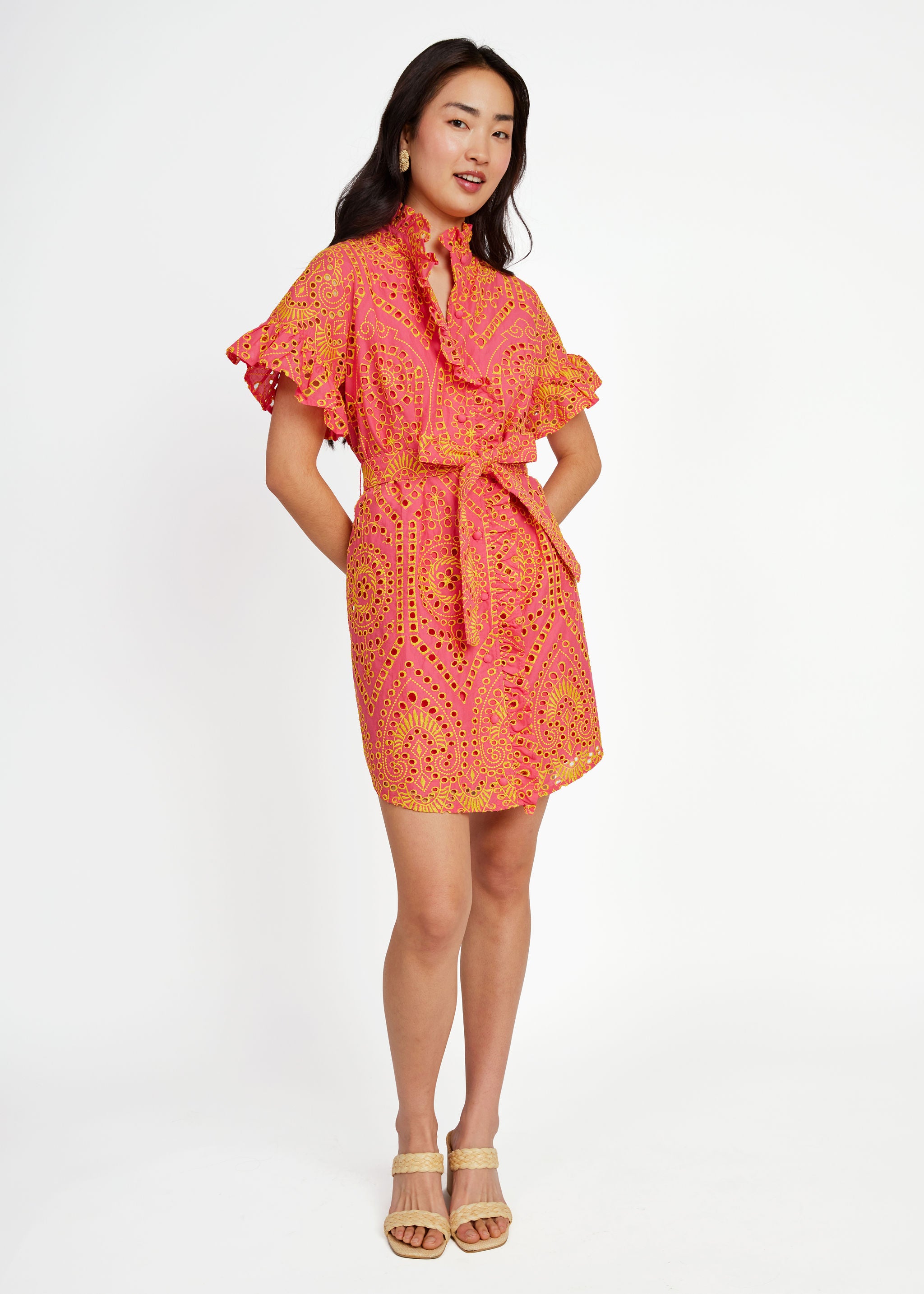 Katie Dress Coral and Yellow Eyelet
