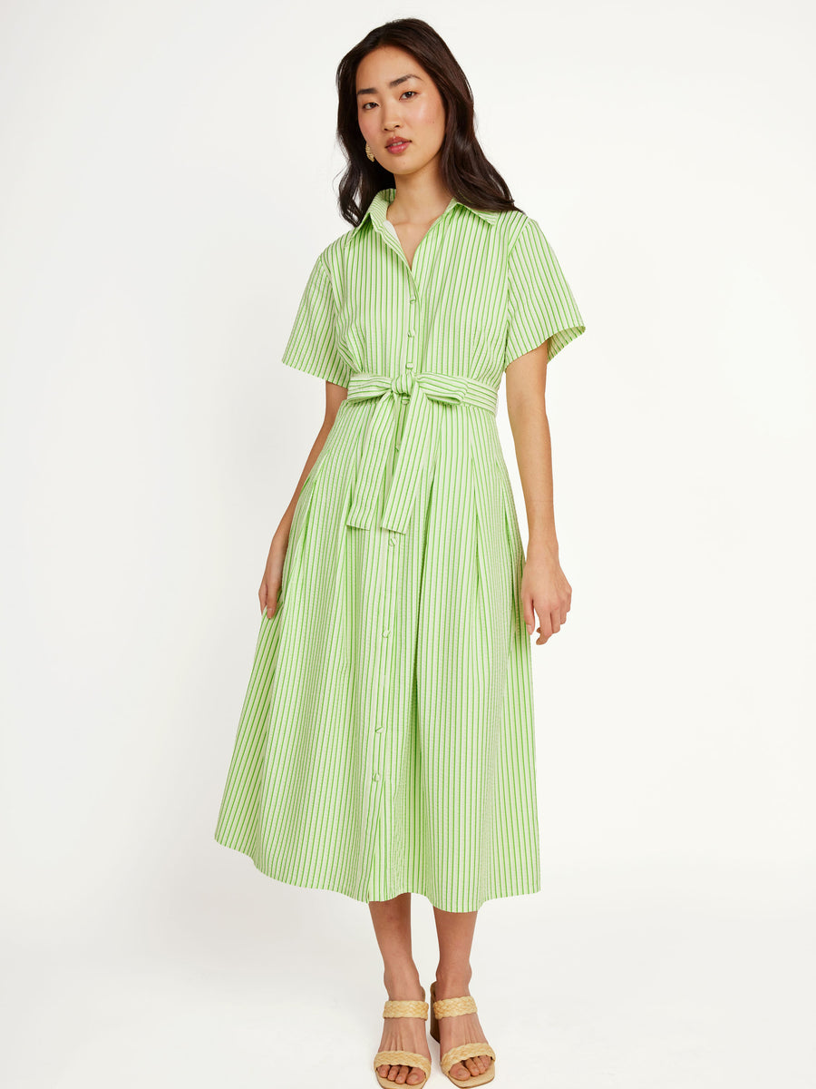 Cecilia Midi Dress Short Sleeve Green Stripe Seersucker