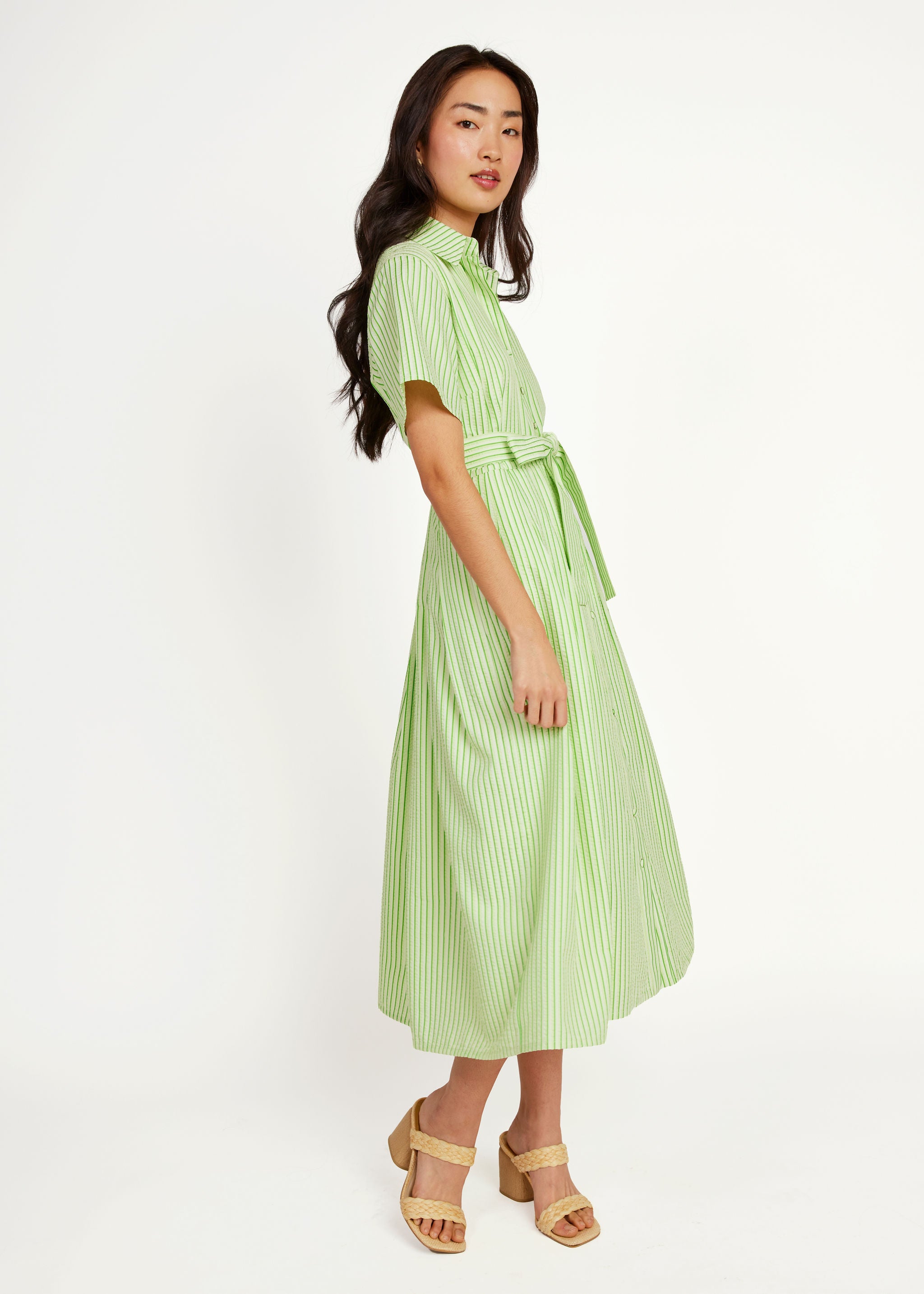 midi seersucker dress Cecilia Midi Dress Short Sleeve Green Stripe Seersucker Green / XXS