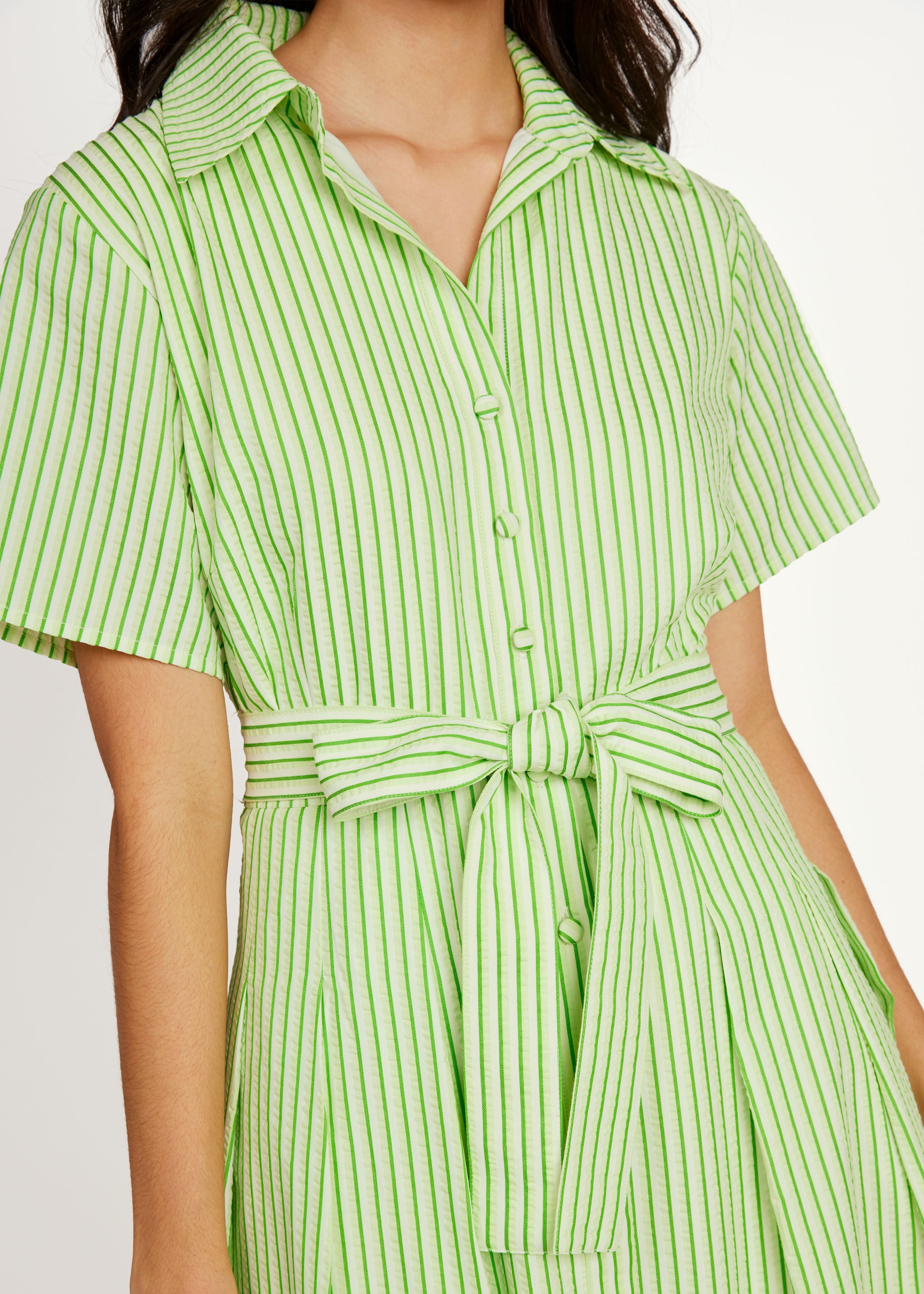 Cecilia Midi Dress Short Sleeve Green Stripe Seersucker
