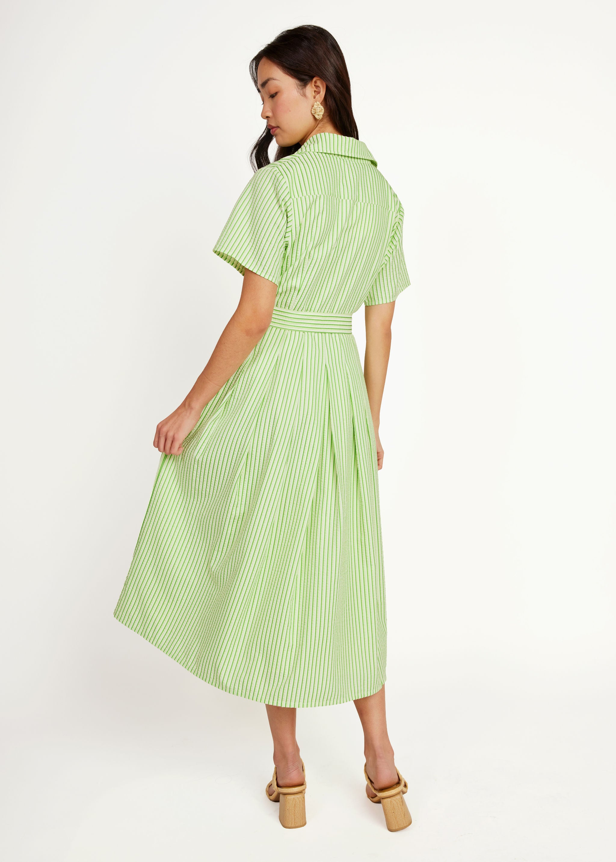 Cecilia Midi Dress Short Sleeve Green Stripe Seersucker