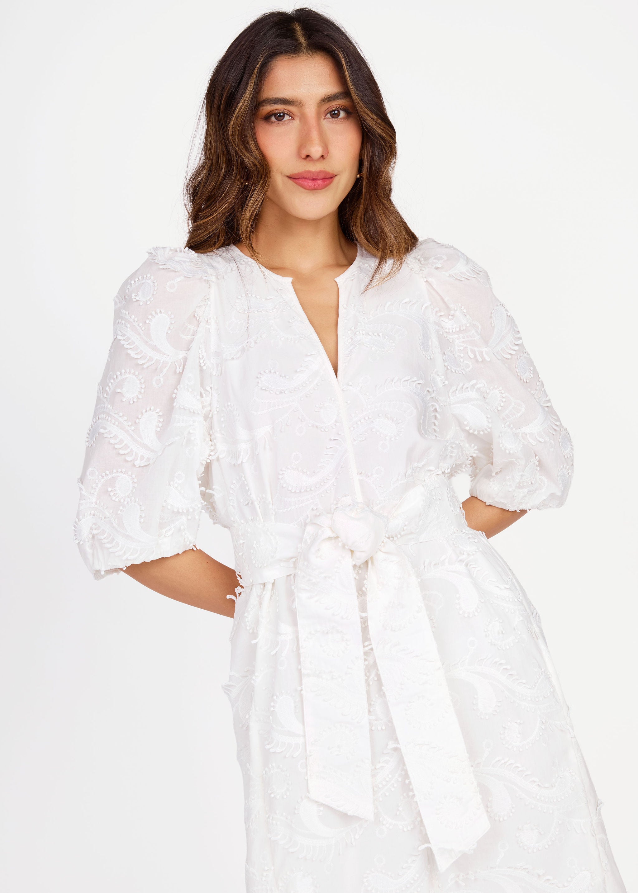 Florence Dress White 3D Paisley Cotton