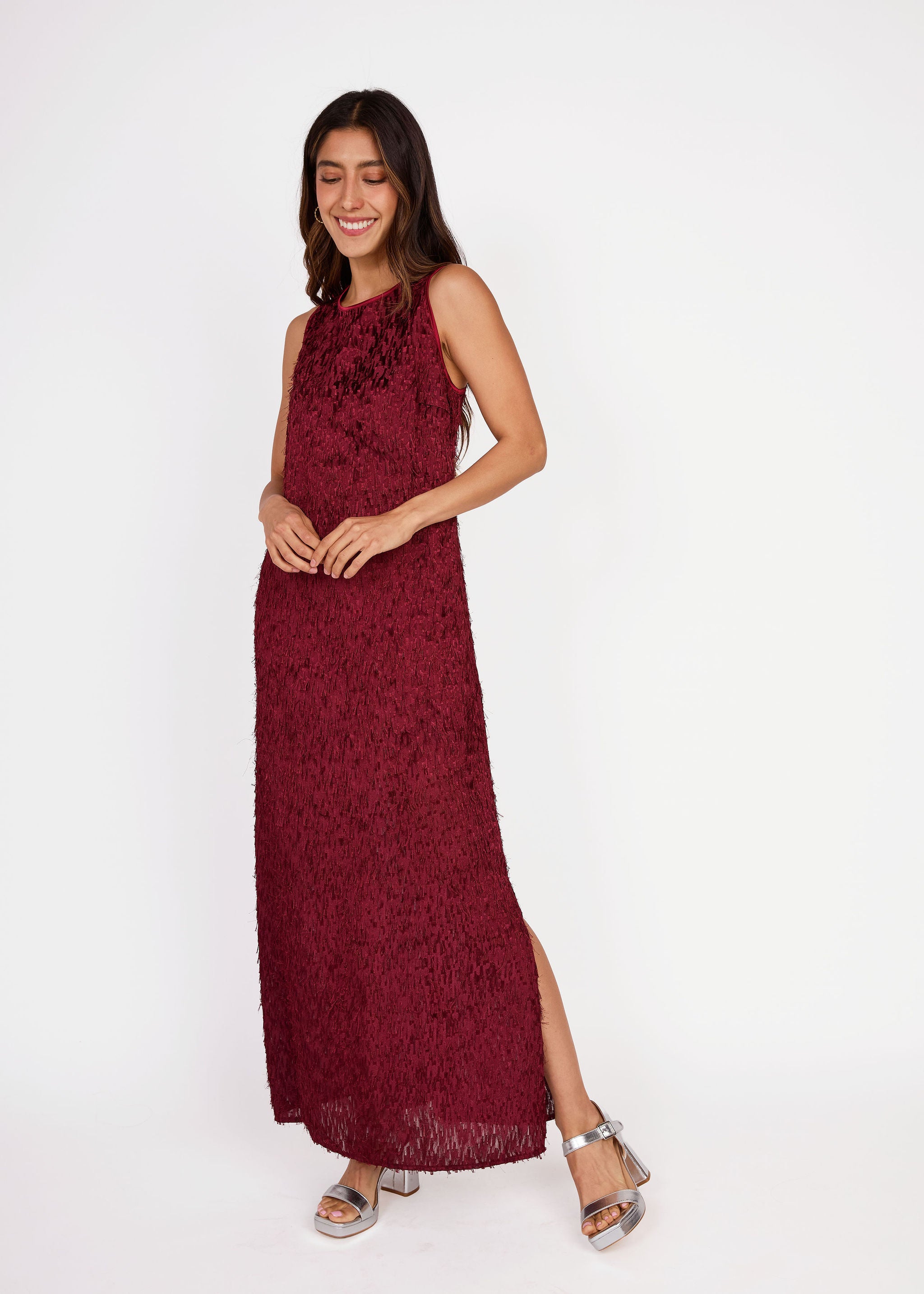 Hannah Dress Plum Fringe Organza