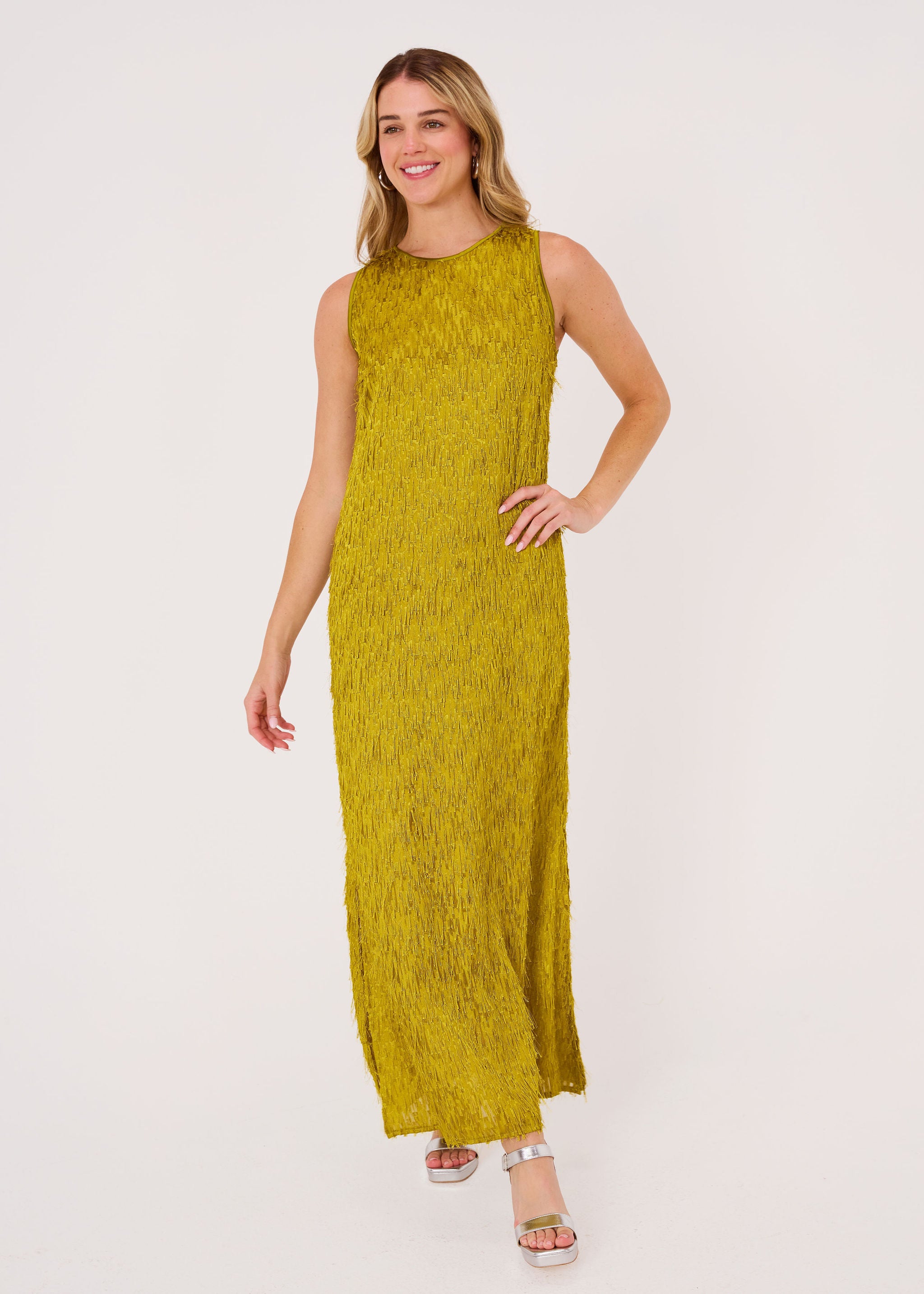 Hannah Dress Golden Olive Fringe Chiffon