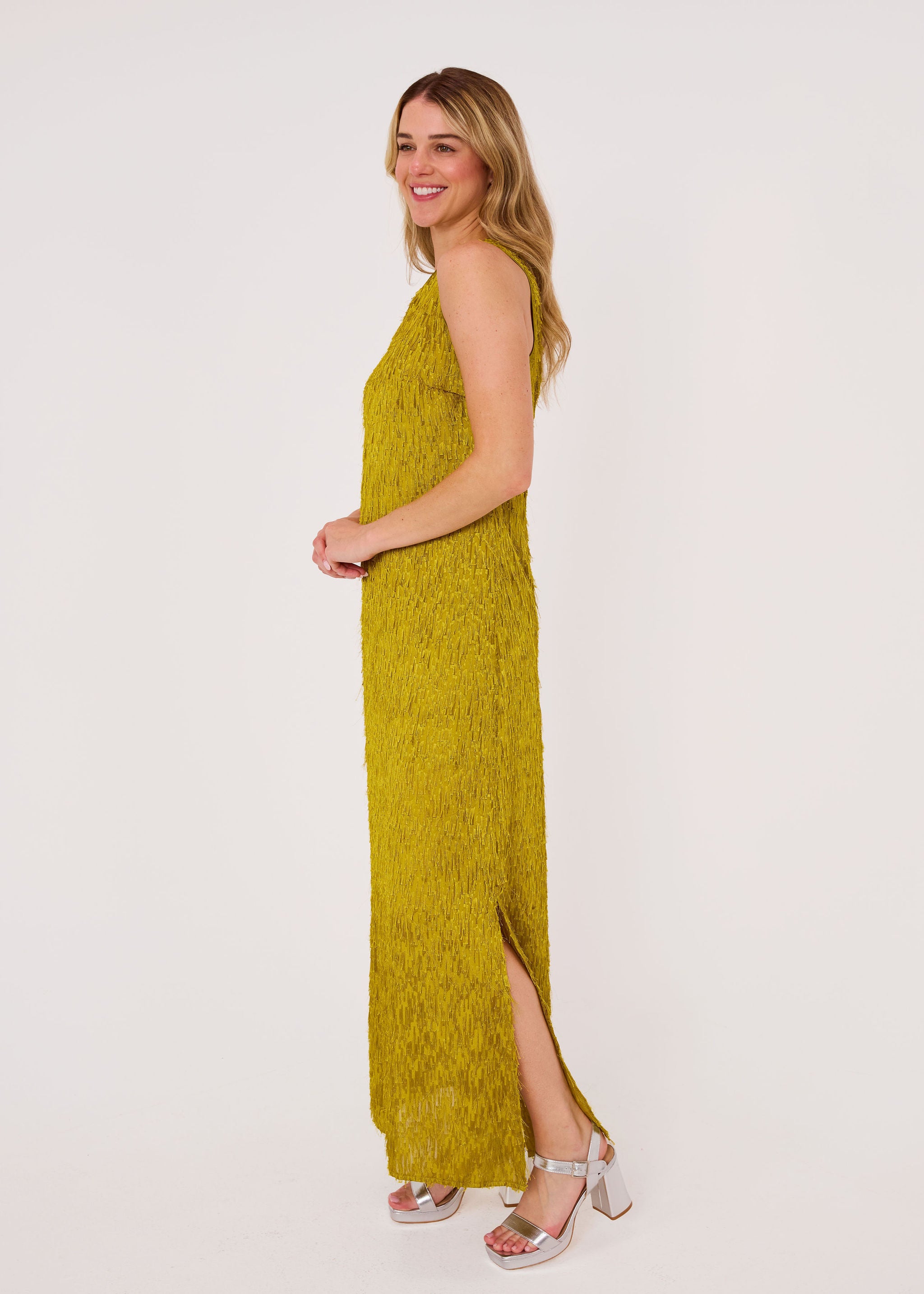Hannah Dress Golden Olive Fringe Chiffon