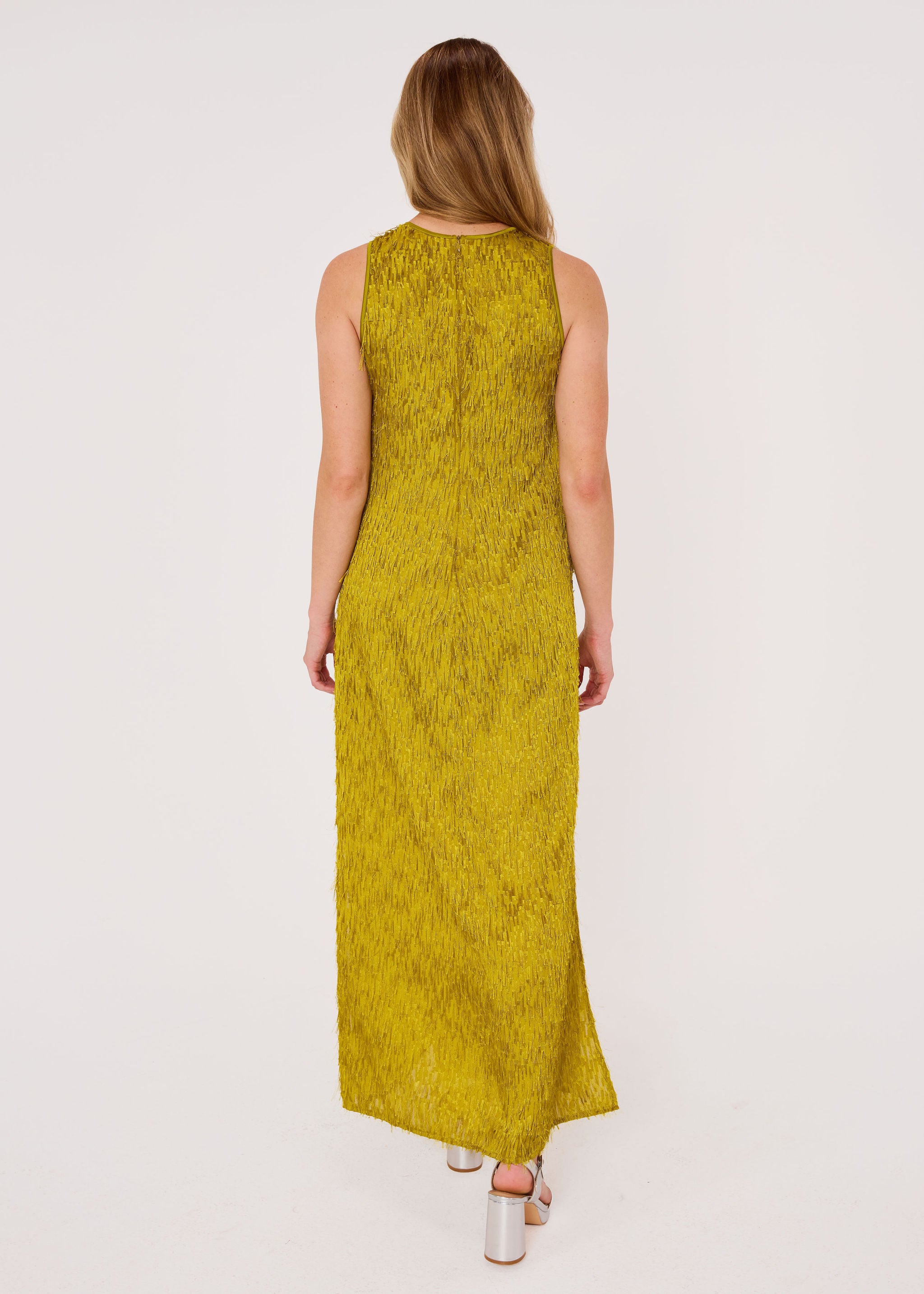 Hannah Dress Golden Olive Fringe Chiffon