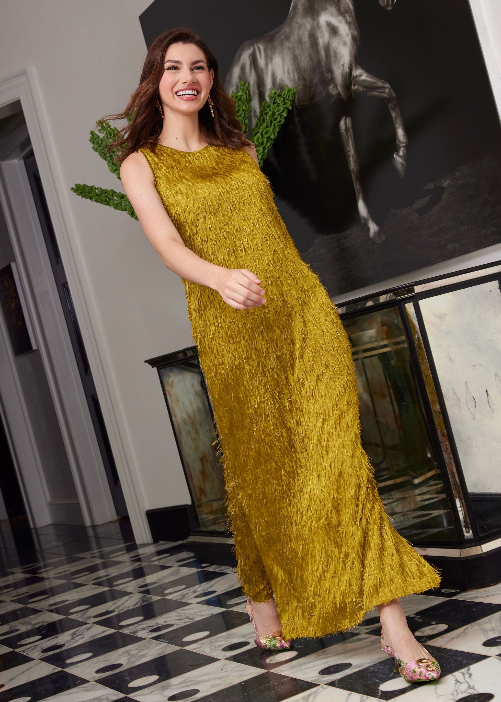 Hannah Dress Golden Olive Fringe Chiffon