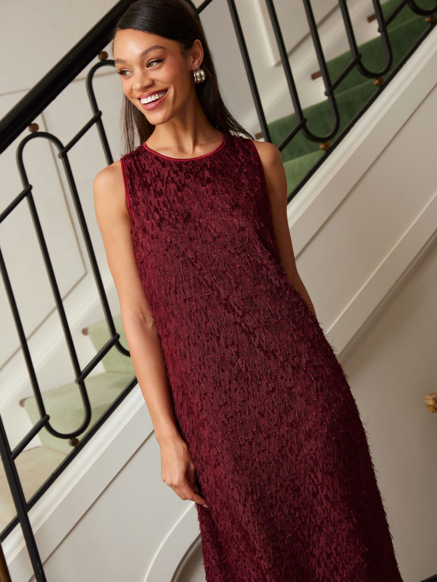 Hannah Dress Plum Fringe Chiffon