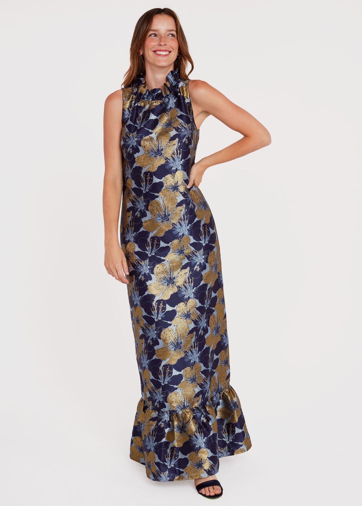 Camille Gown Navy Poinsettia Jacquard