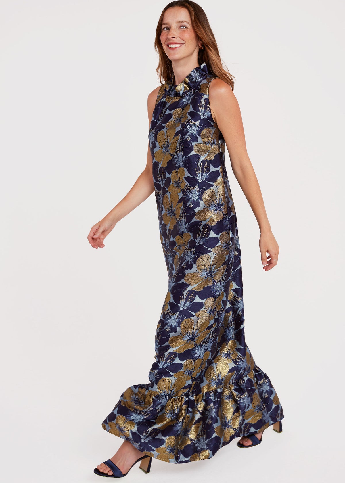 Camille Gown Navy Poinsettia Jacquard