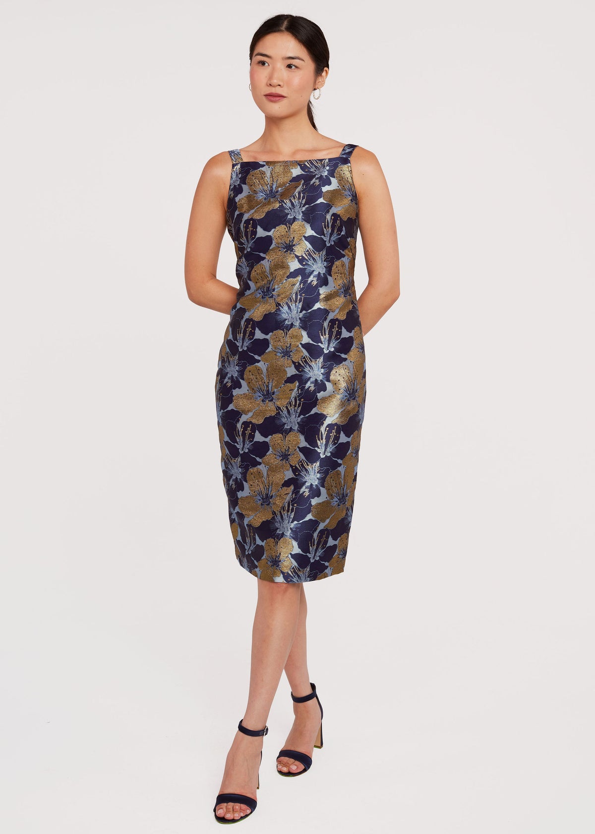 Clara Dress Navy Poinsettia Jacquard