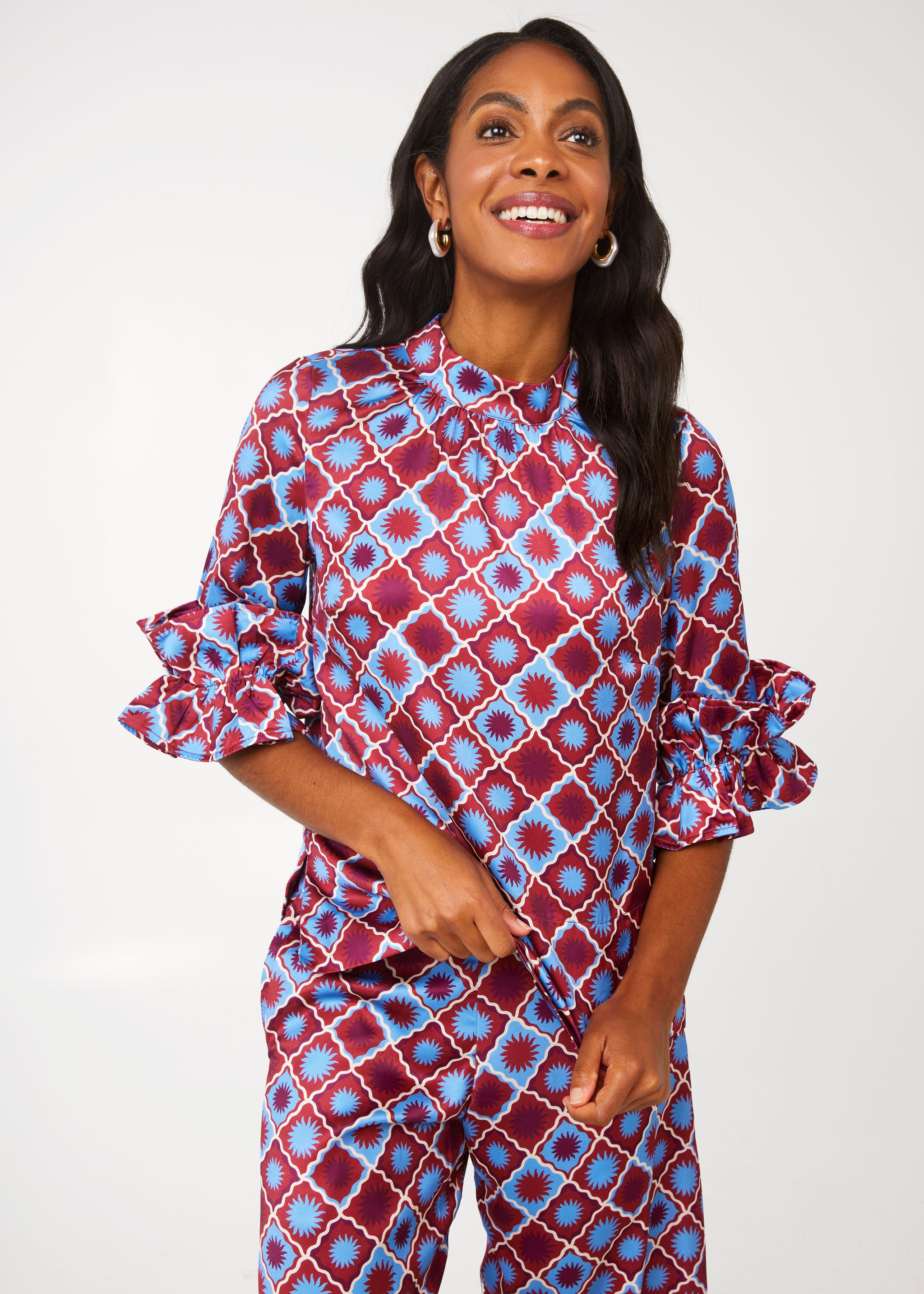 Bronwyn Top Burgundy Sunburst Satin