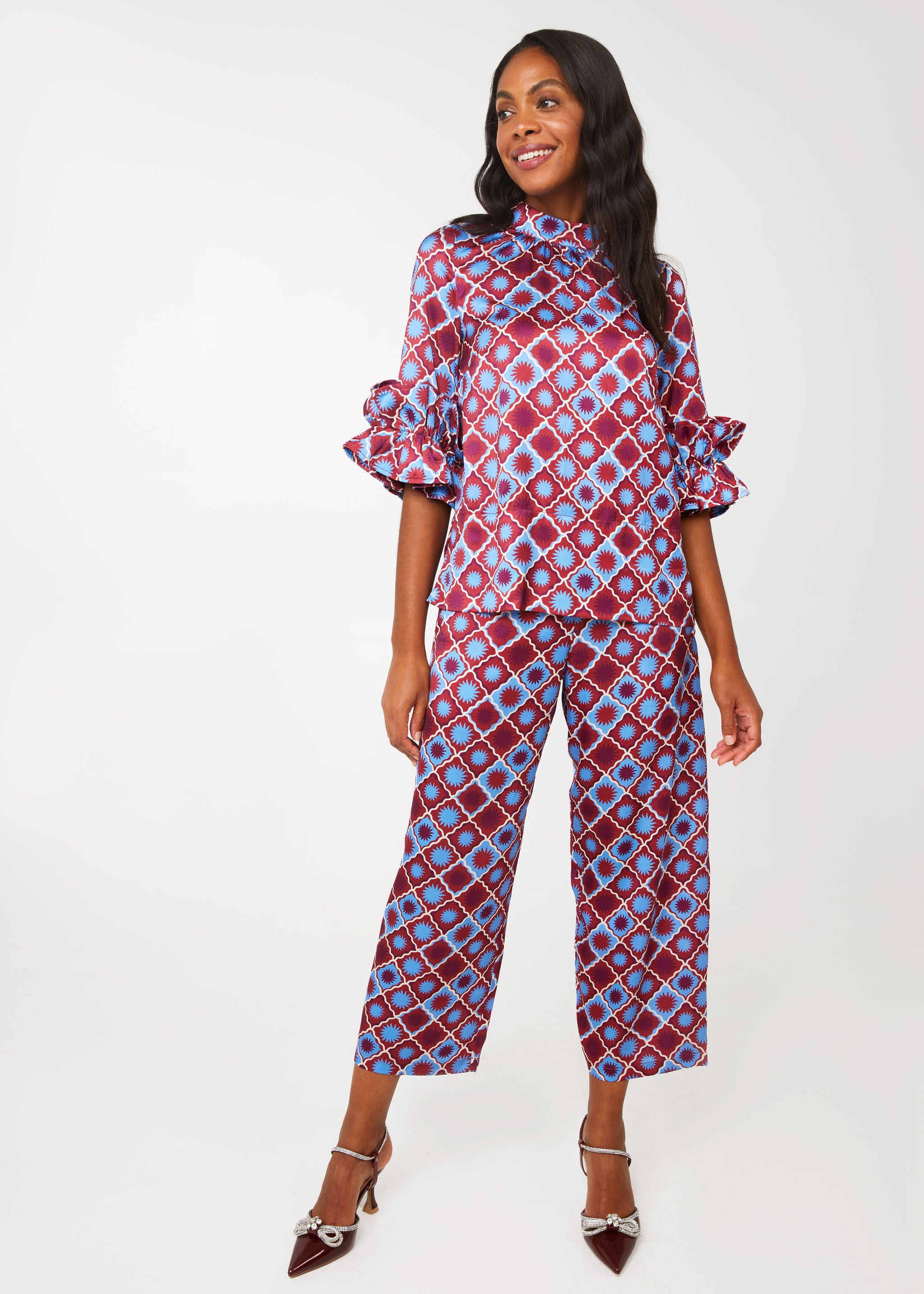 Bronwyn Top Burgundy Sunburst Satin