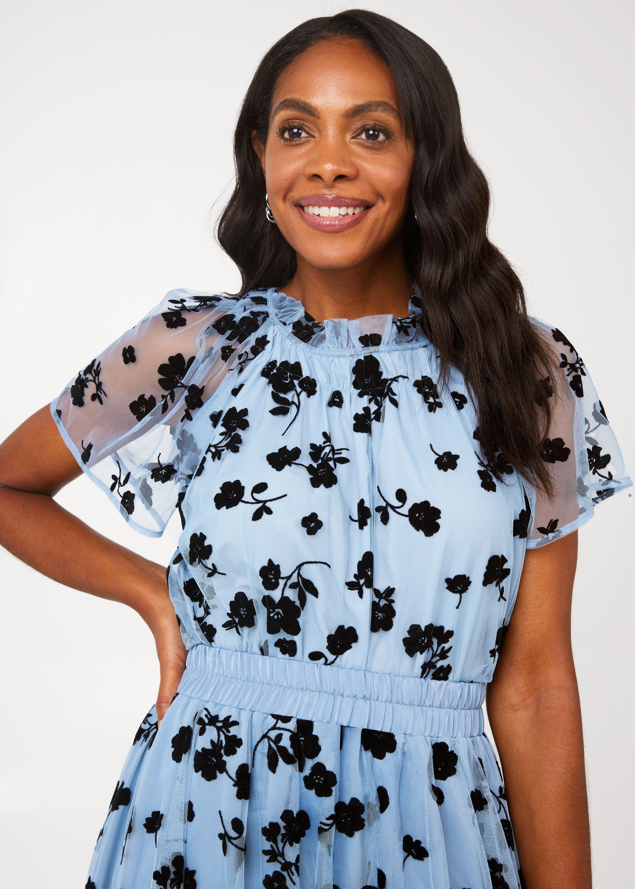 Quinn Blouse Blue Floral Velvet Tulle