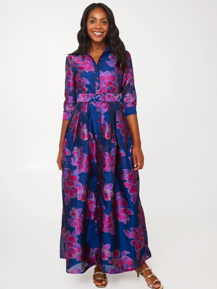 Cecilia Gown Fuchsia Navy Peony Organza