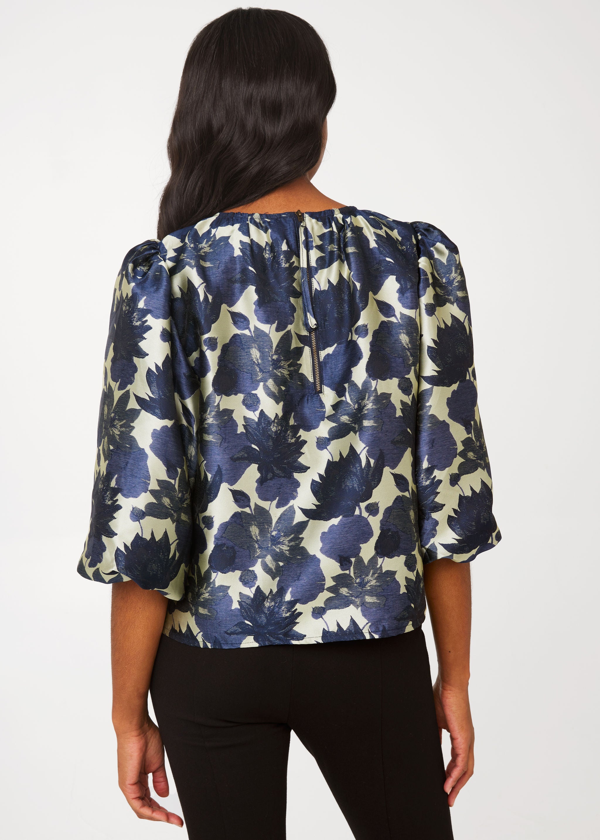 Hadley Top Ivory and Navy Floral Silhouette Jacquard