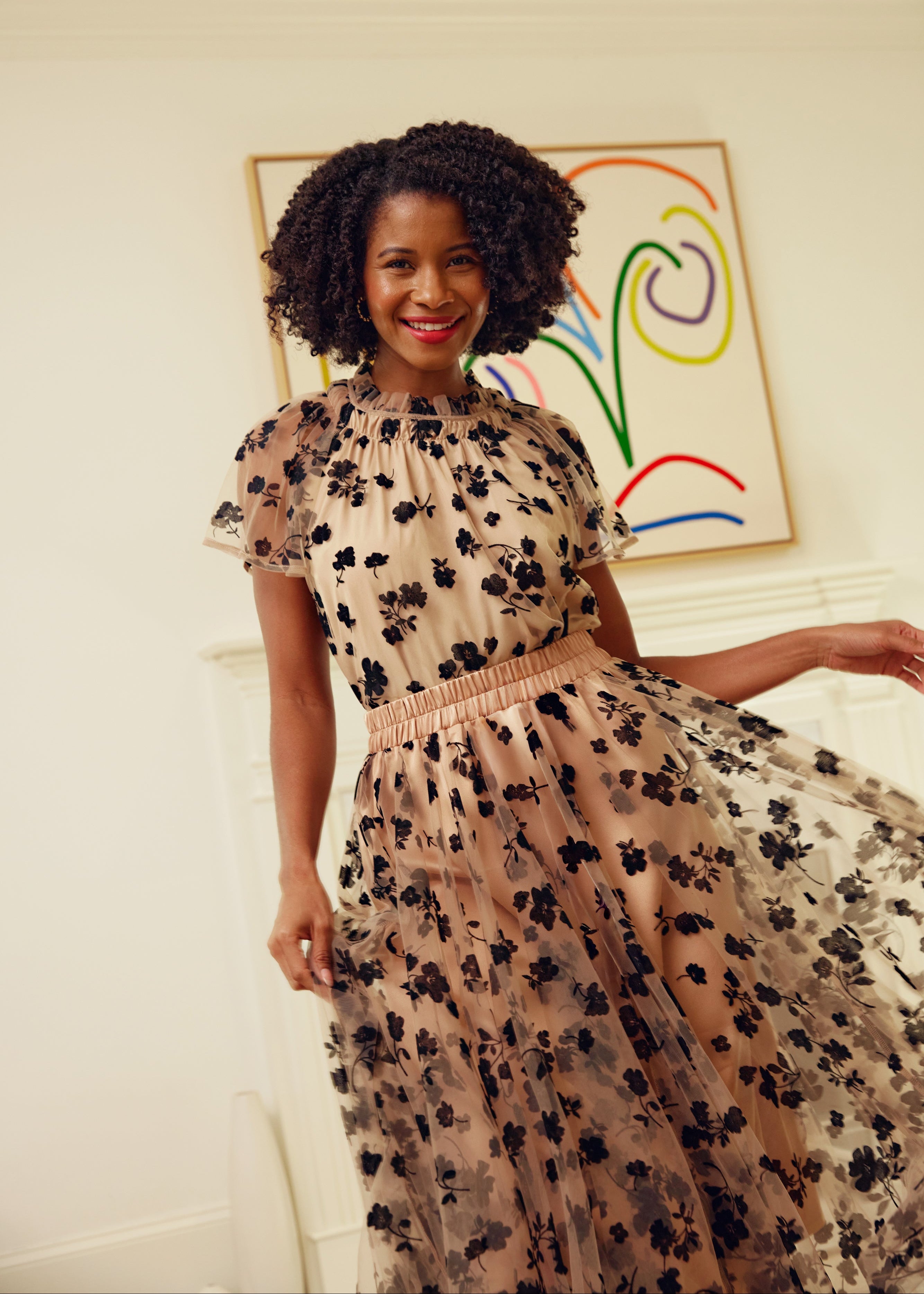 Quinn Blouse Nude Floral Velvet Tulle