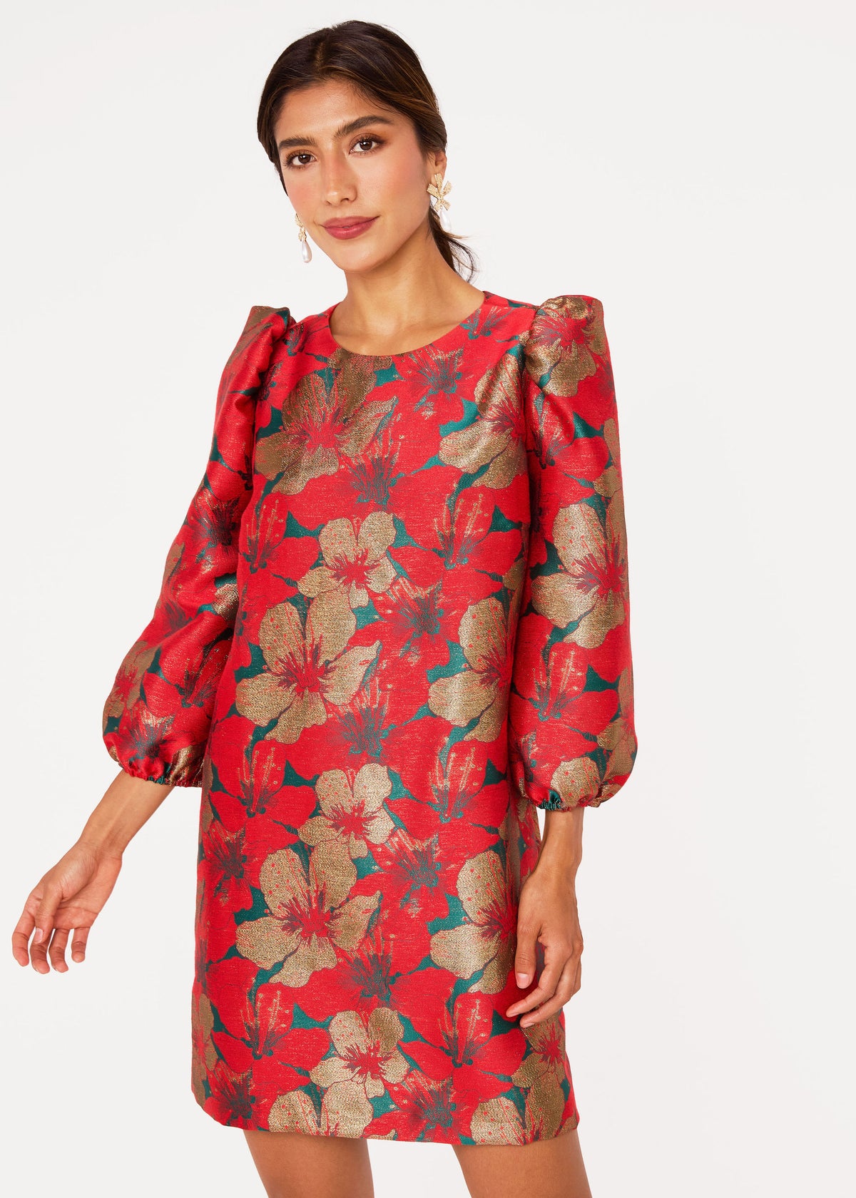 Agnes Dress Red Poinsettia Jacquard