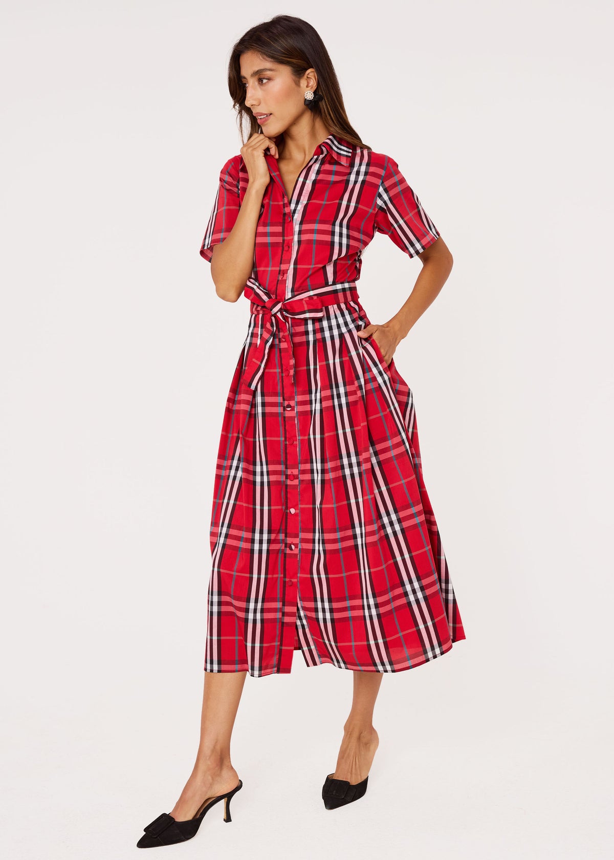 Cecilia Midi Dress Short Sleeve Red Plaid Poplin