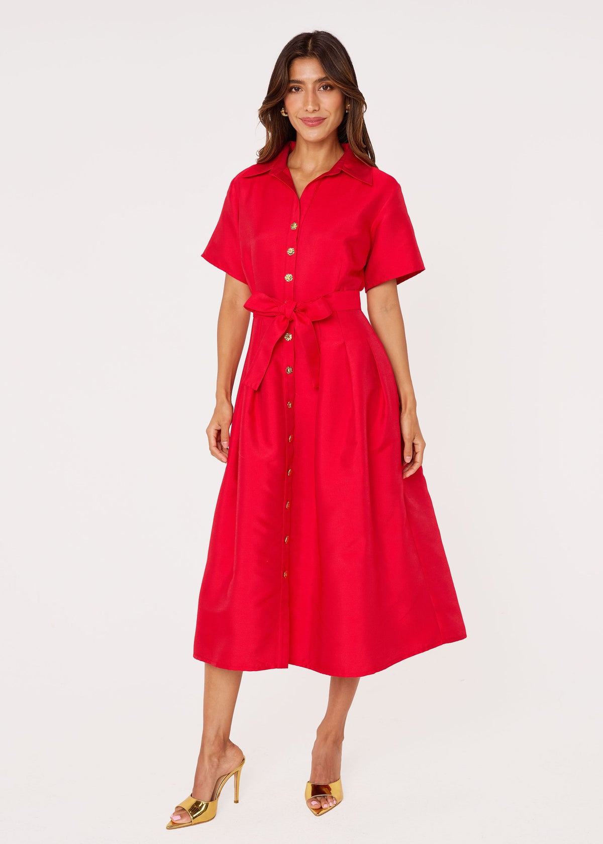 Cecilia Midi Dress Short Sleeve Red Mikado