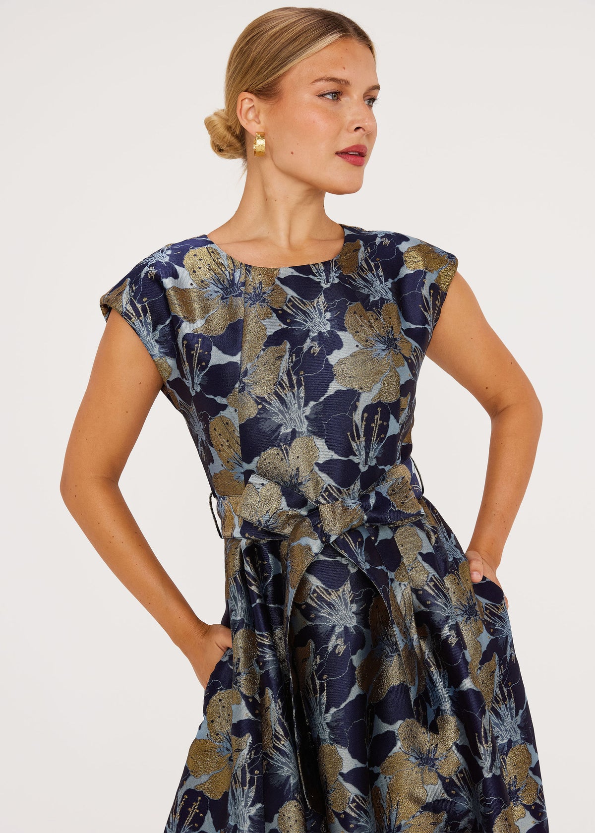 Olivia Gown Navy Poinsettia Jacquard