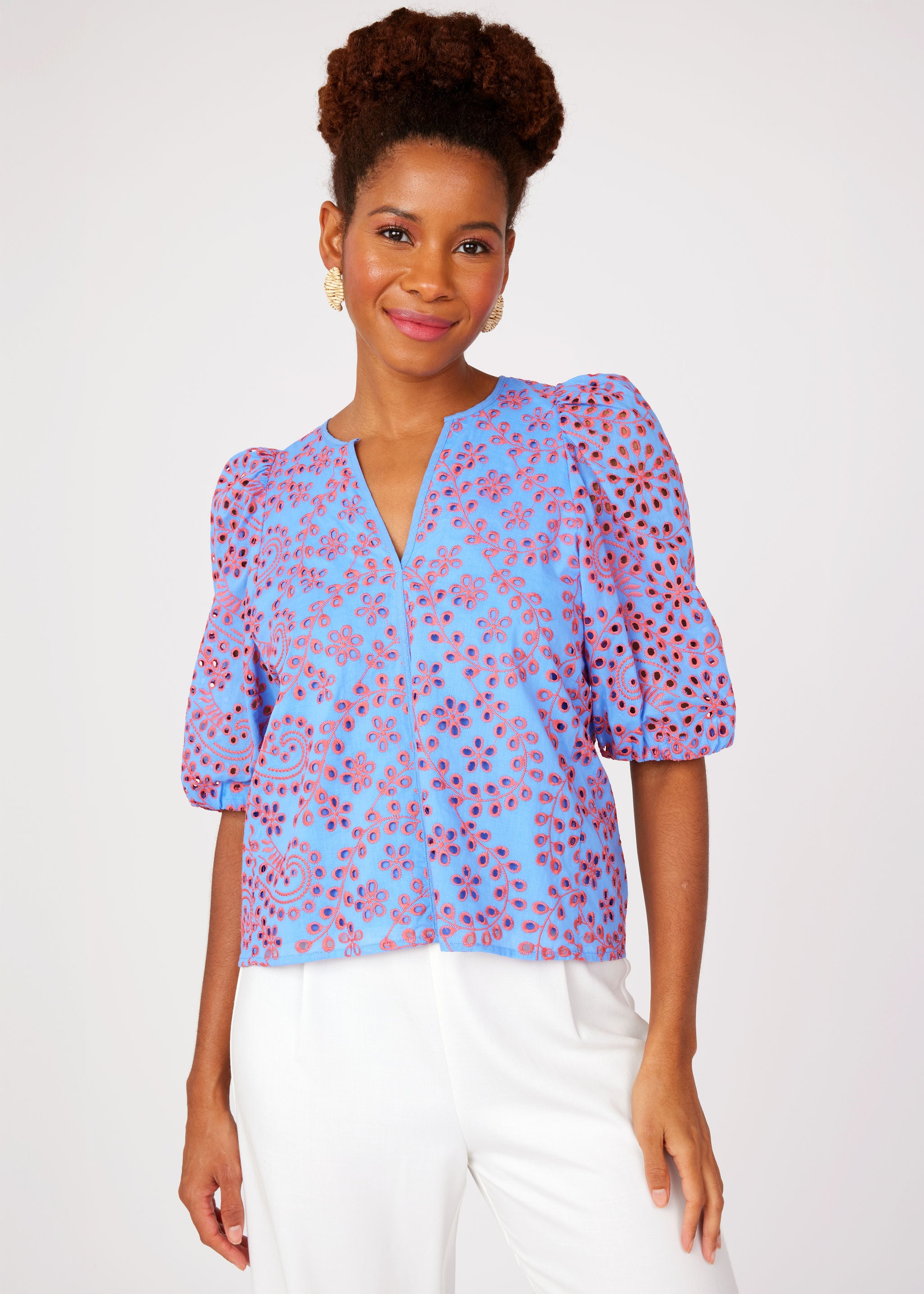 Florence Top Blue and Pink Jasmine Eyelet