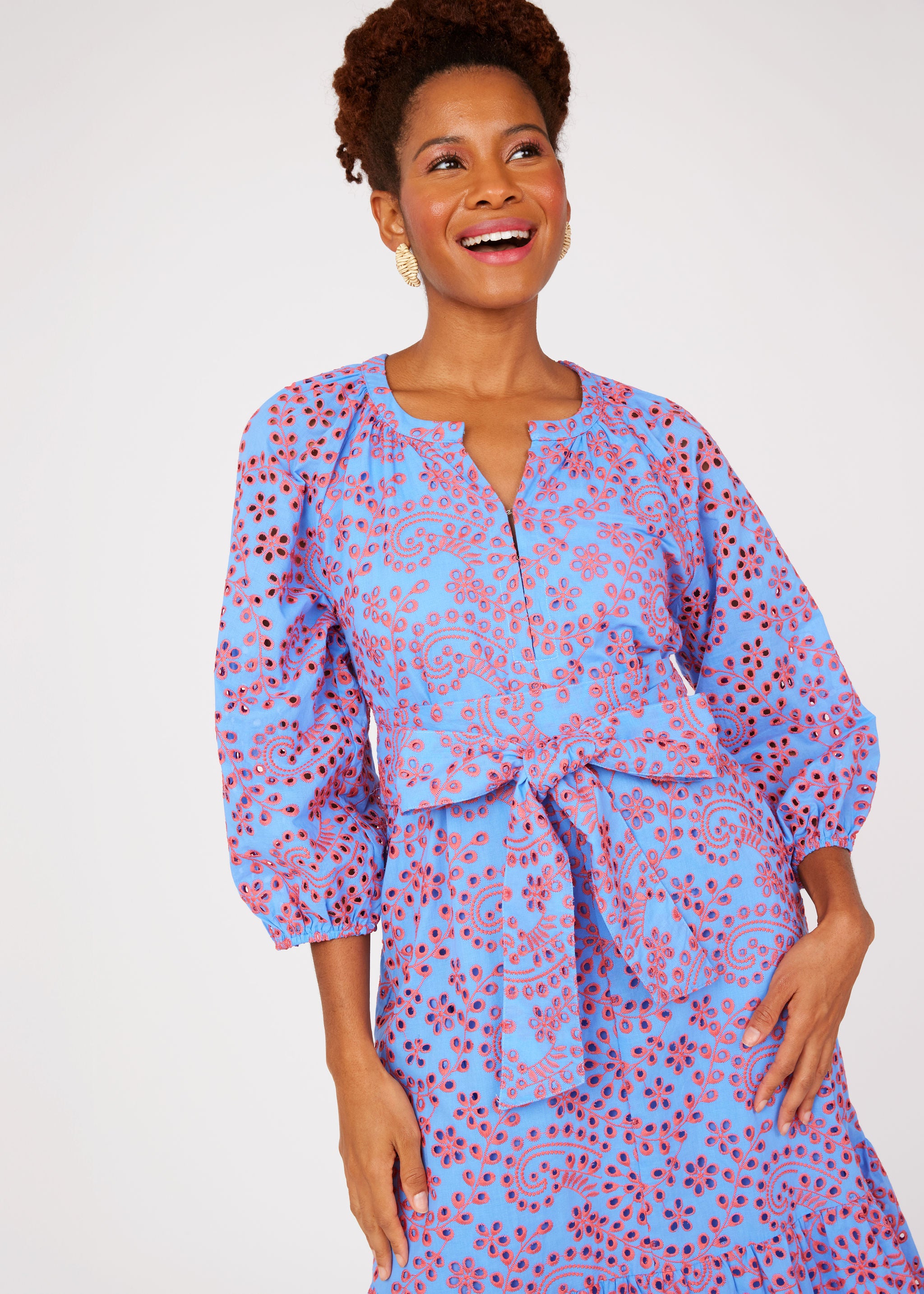 Elise Dress Blue and Pink Jasmine Eyelet