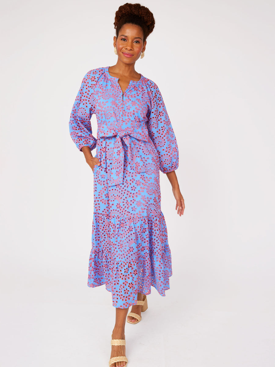 Elise Dress Blue and Pink Jasmine Eyelet