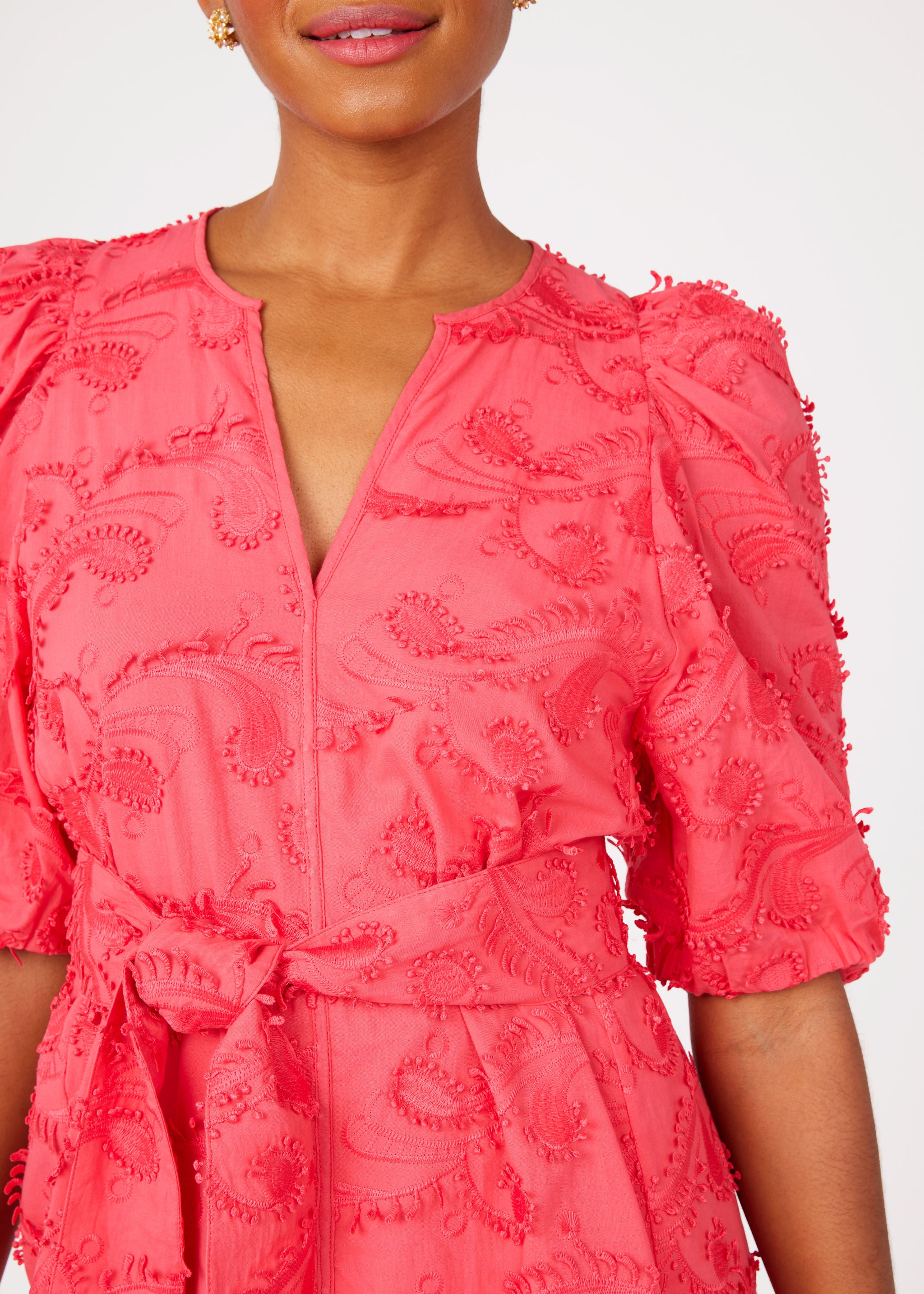 Florence Dress Hot Coral 3D Paisley Cotton