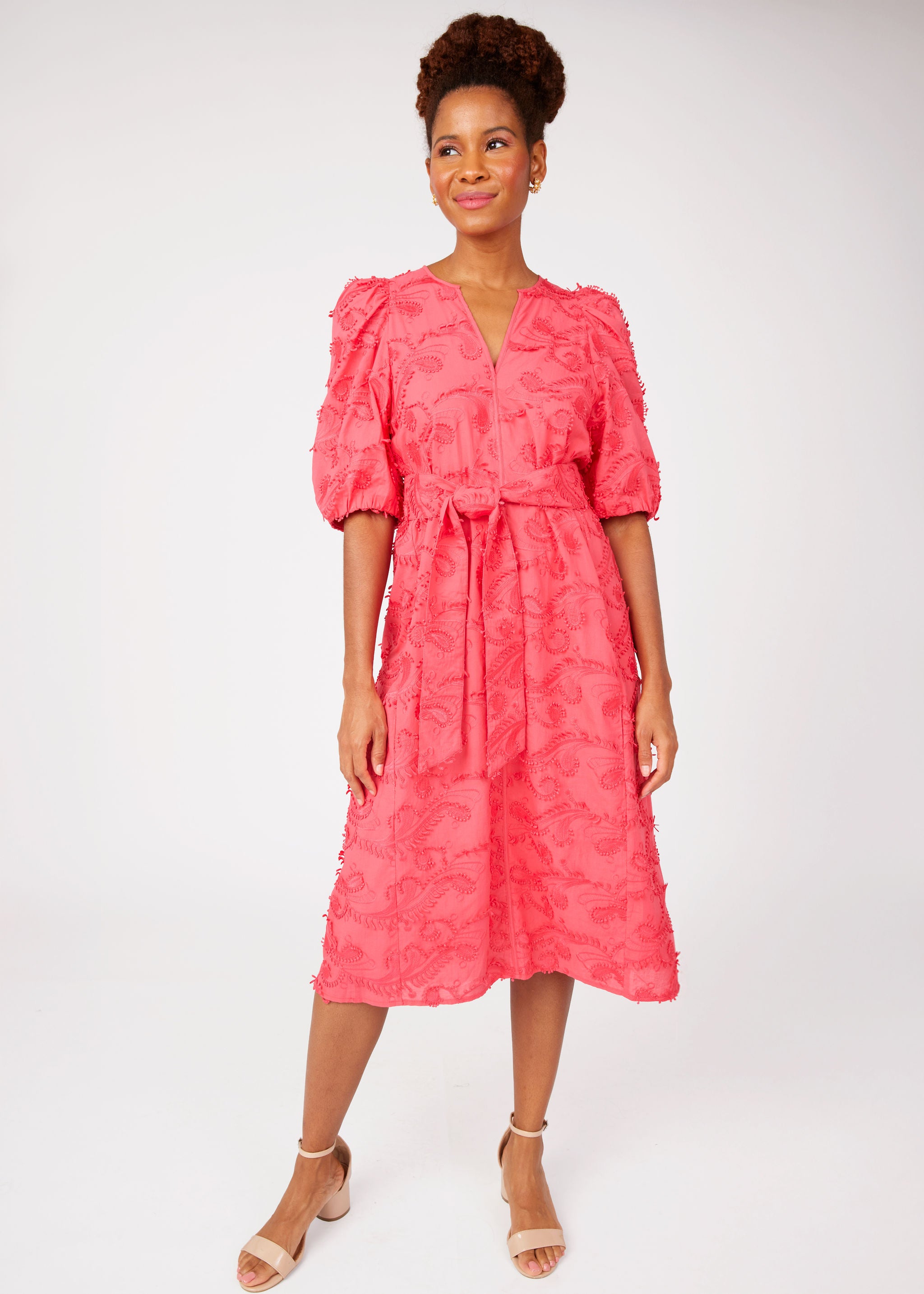 Florence Dress Hot Coral 3D Paisley Cotton