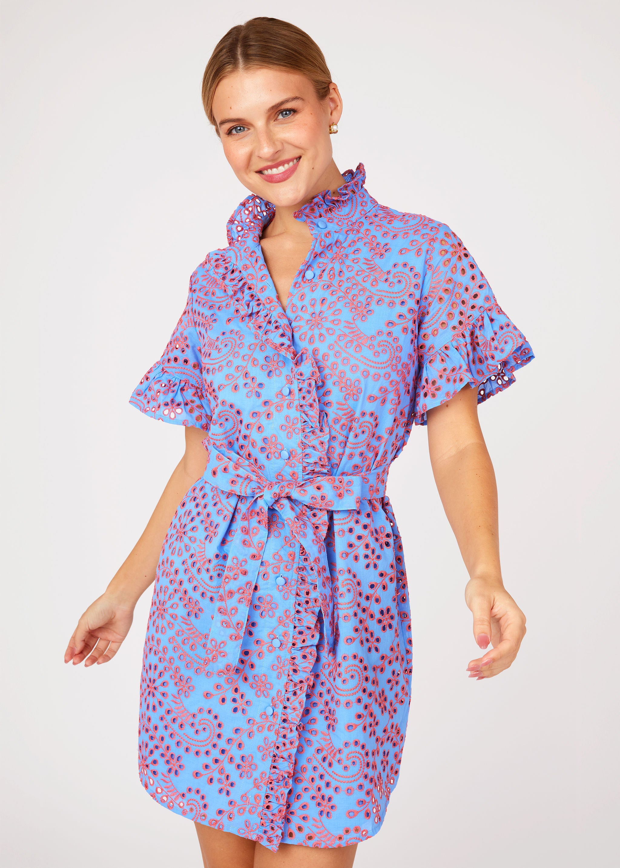 Katie Dress Blue and Pink Jasmine Eyelet